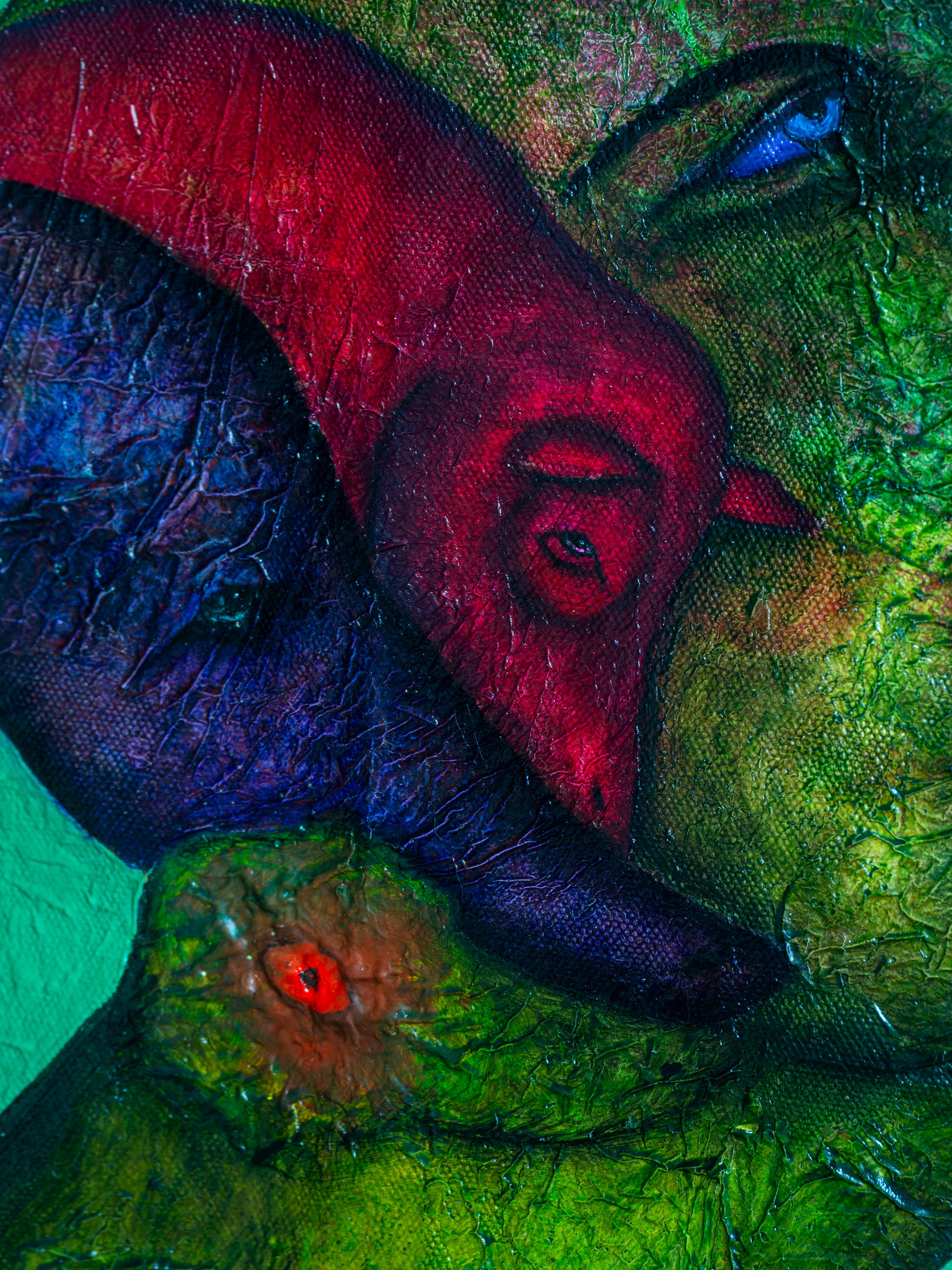 Ölgemälde auf Leinwand, misst etwa 14,5 mal 14,5 Zentimeter. Es zeigt eine menschliche Silhouette mit grünen Texturen und zwei fantastische Tiere vor einem Hintergrund aus Grün- und Gelbtönen. Ein einzigartiges Werk, das figurative und abstrakte