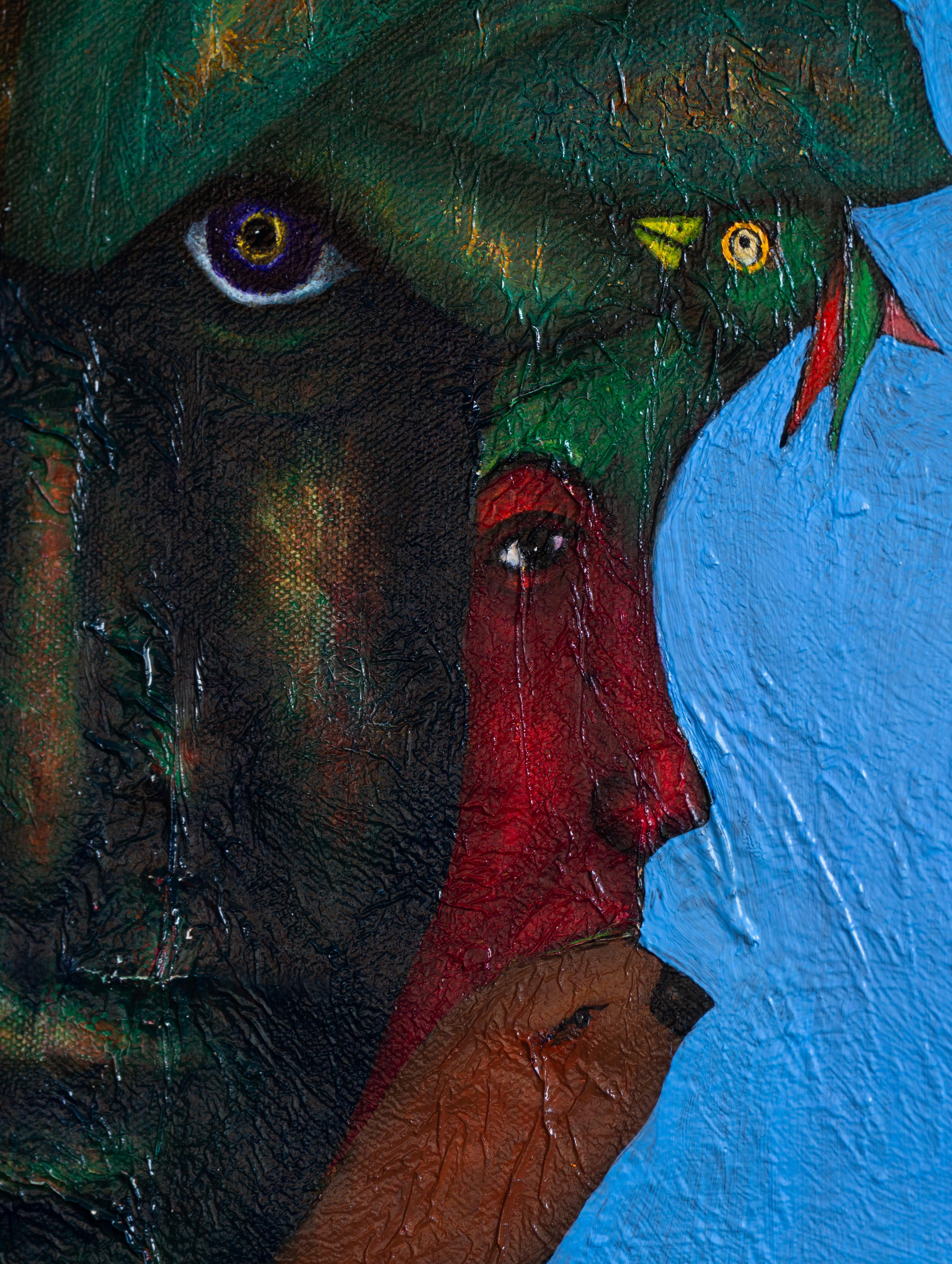Presenza - ritratto di un momento - pittura ad olio su sfondo blu - Painting Contemporaneo di Luis Alexander Rodríguez (Ie-Xiua)