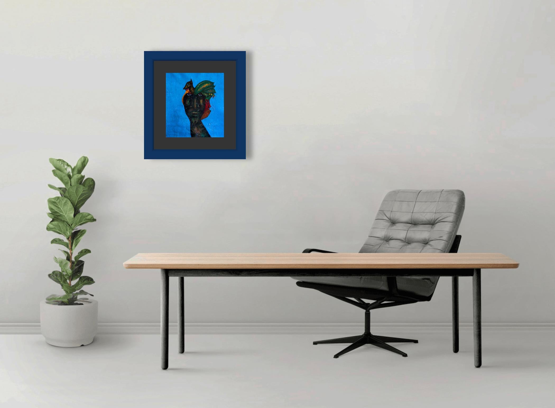Presenza - ritratto di un momento - pittura ad olio su sfondo blu - Painting di Luis Alexander Rodríguez (Ie-Xiua)