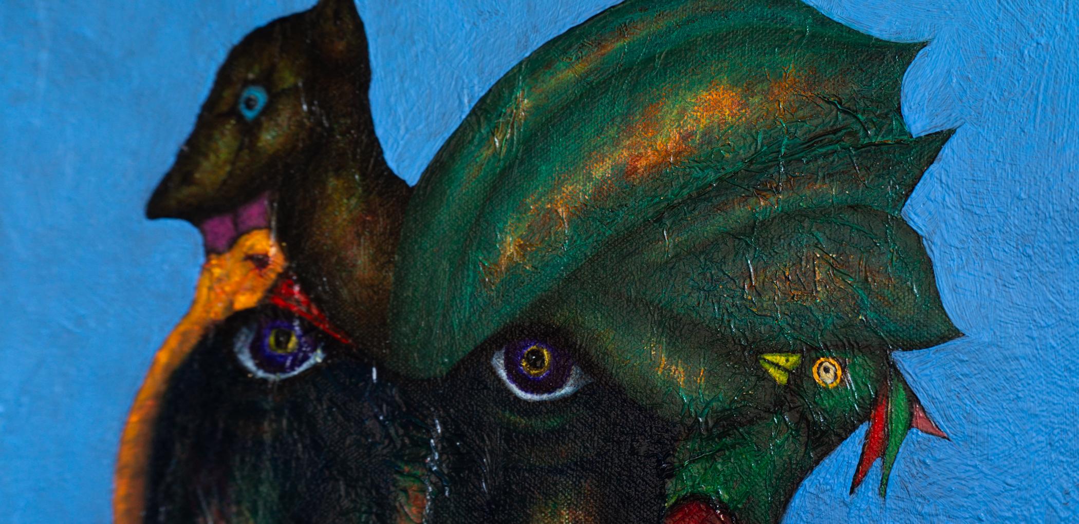 Presenza - ritratto di un momento - pittura ad olio su sfondo blu in vendita 2