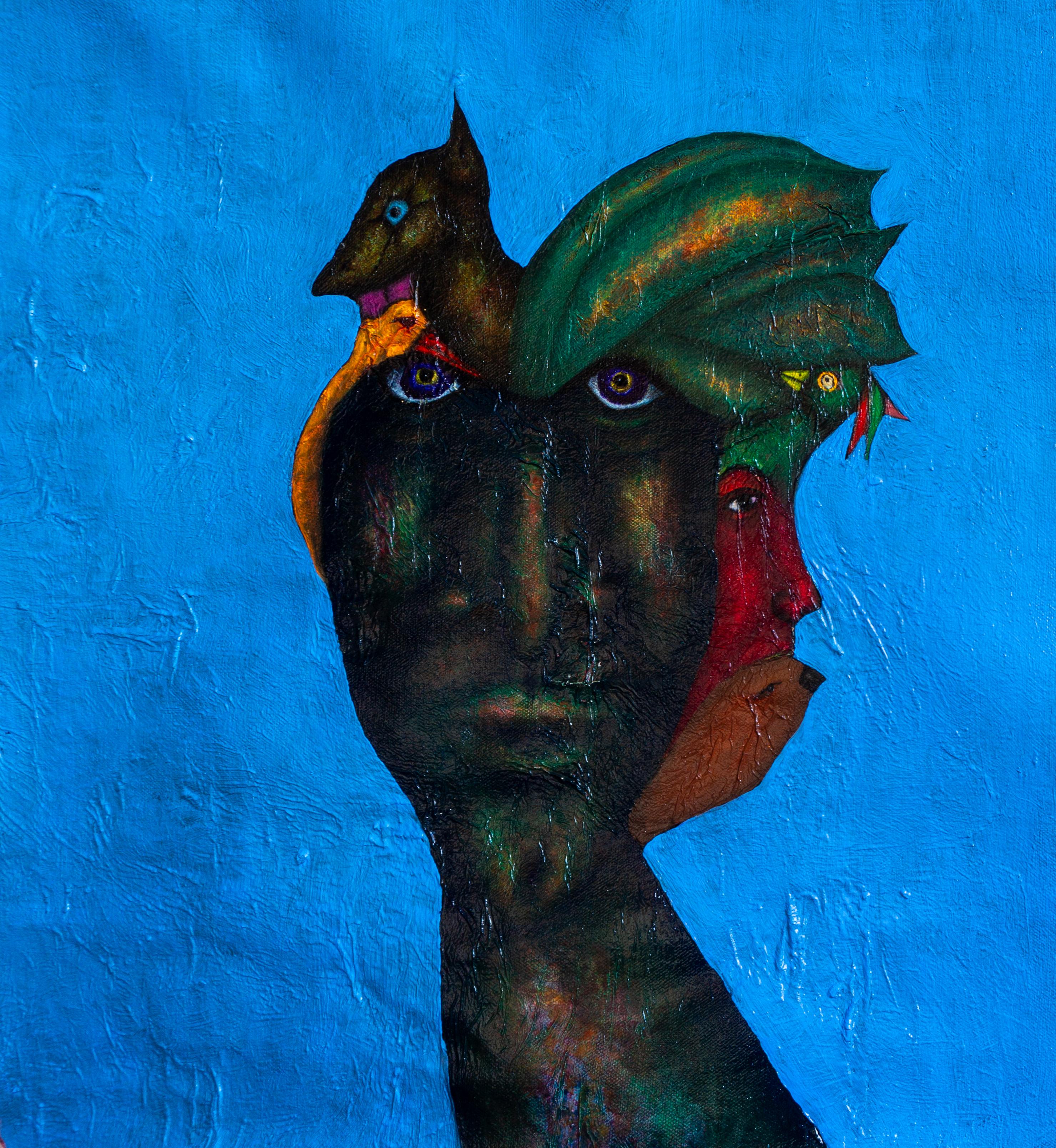 Presence – Porträt eines Augenblicks – Ölgemälde auf blauem Hintergrund
