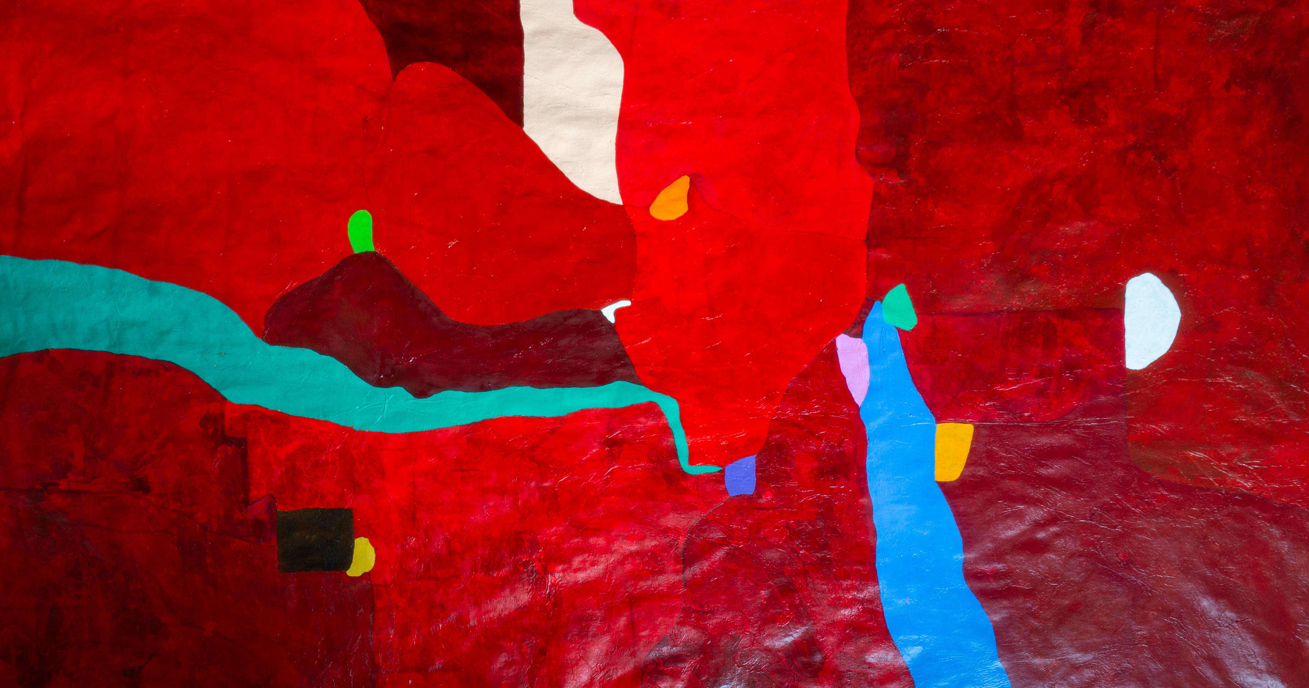 Luis Alexander Rodríguez (Ie-Xiua) Interior Painting - Red Abstract Composition by L-Xiua: Exploration of Color and Form