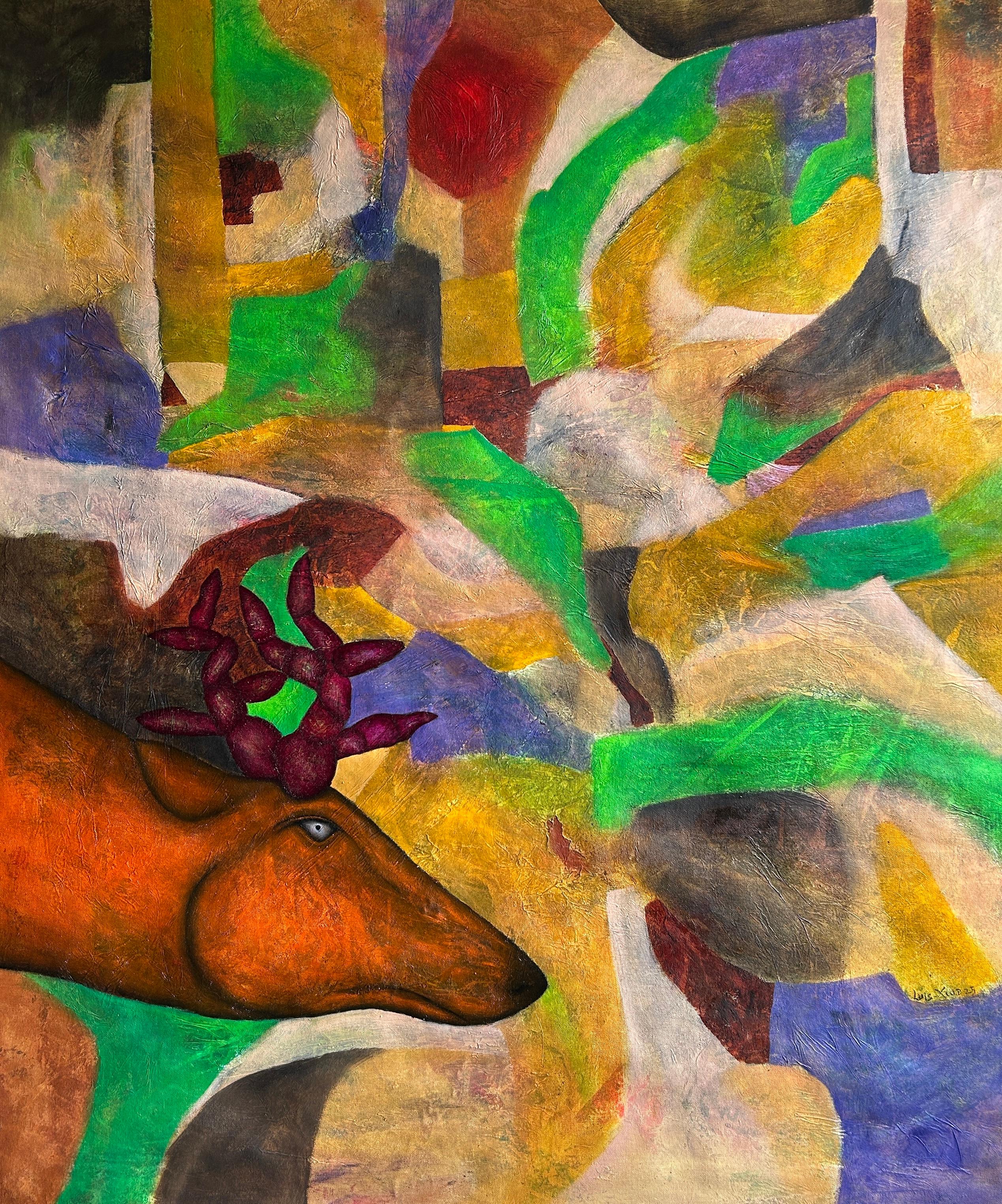 Pintura al óleo abstracta con ciervos: «El silencio de los animales», 95 x 80 cm, firmada