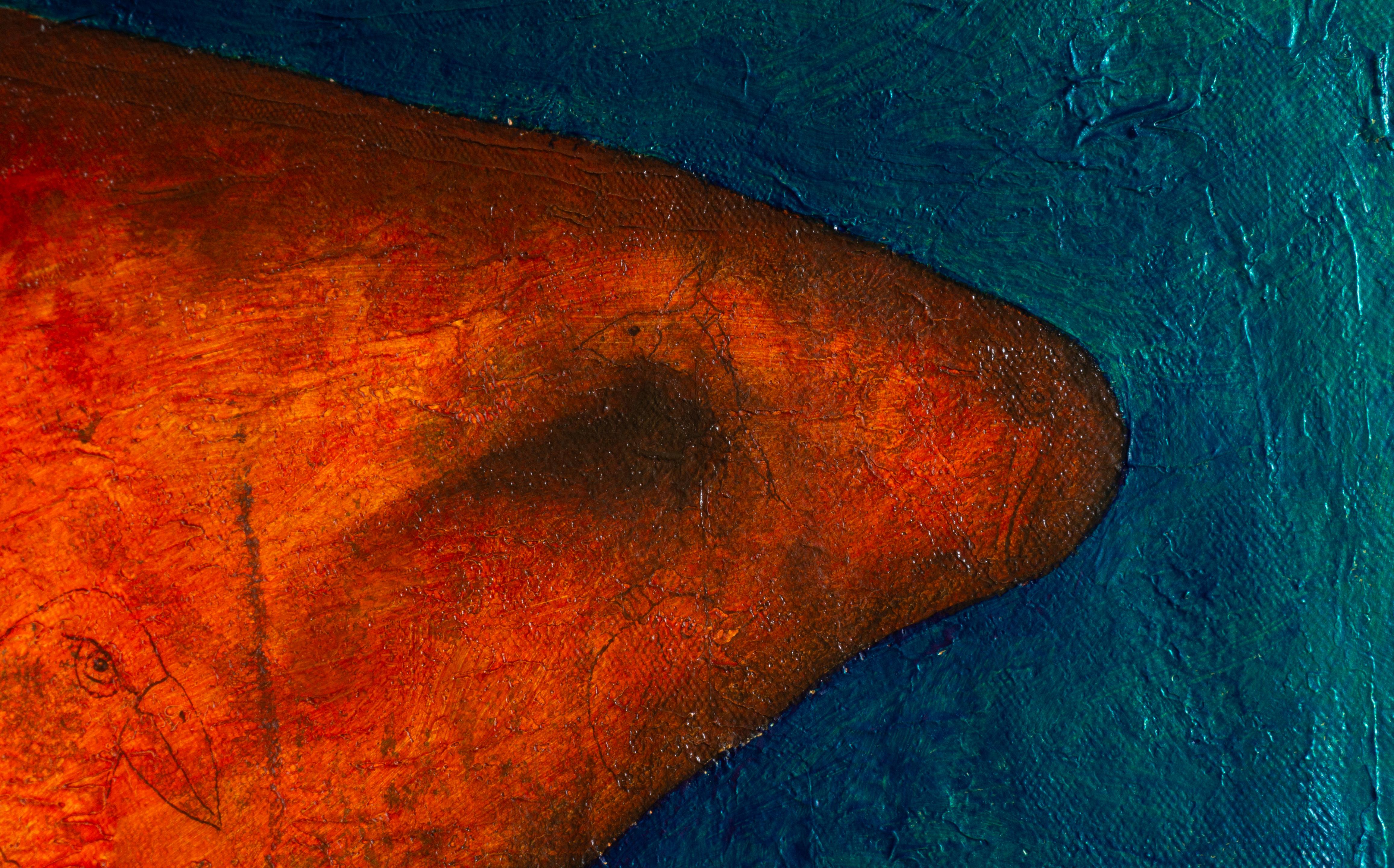 Quadro figurativo di un animale fantastico che fa parte della nostra vita. Un momento magico della vita: una balena. Si tratta di un dipinto orizzontale che combina la tecnica dell'olio su tela con una base dorata di pittura acrilica ricoperta di