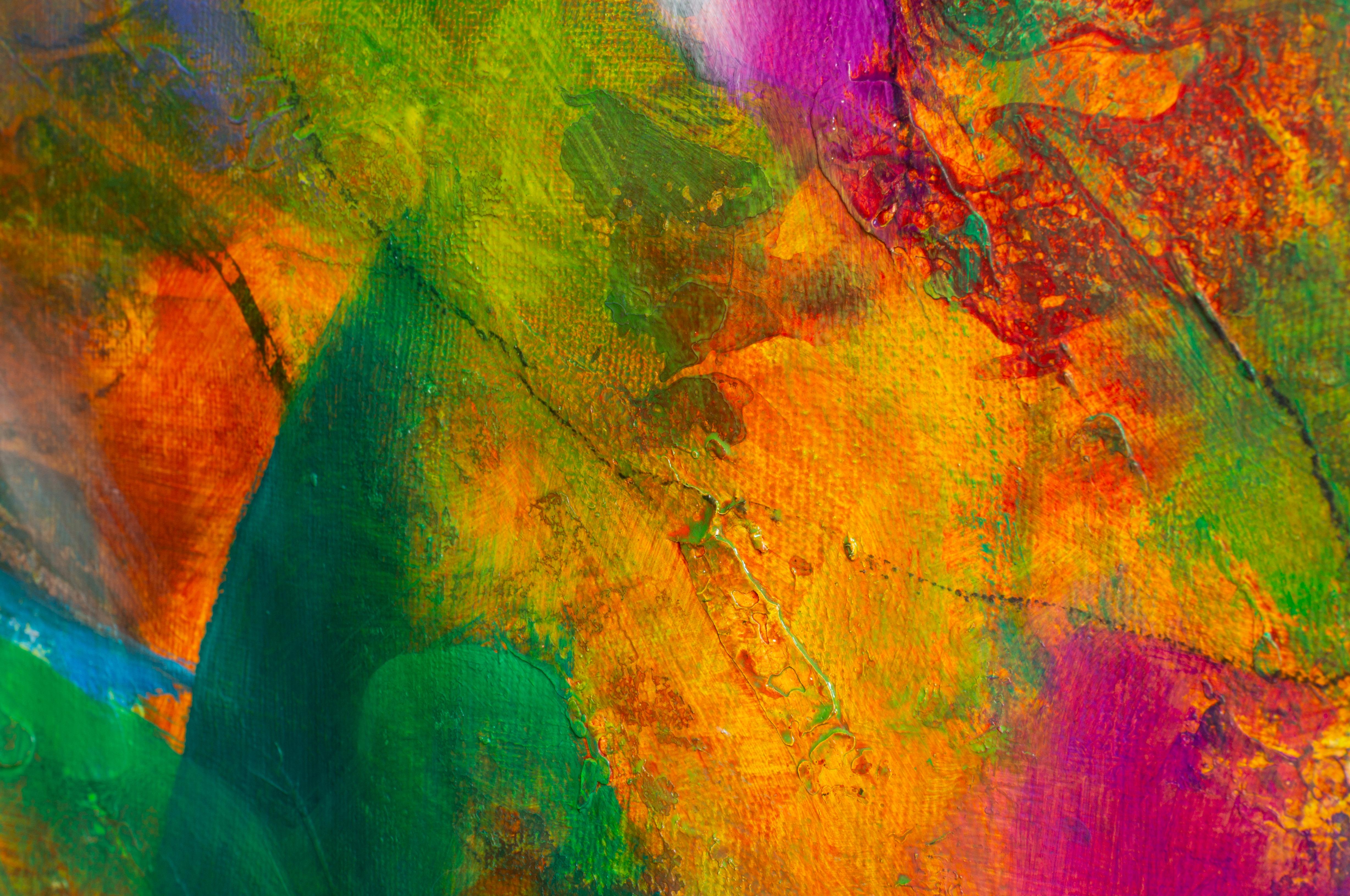 Spell in the jungle - Painting in green, magenta and yellow tones with textures For Sale 11