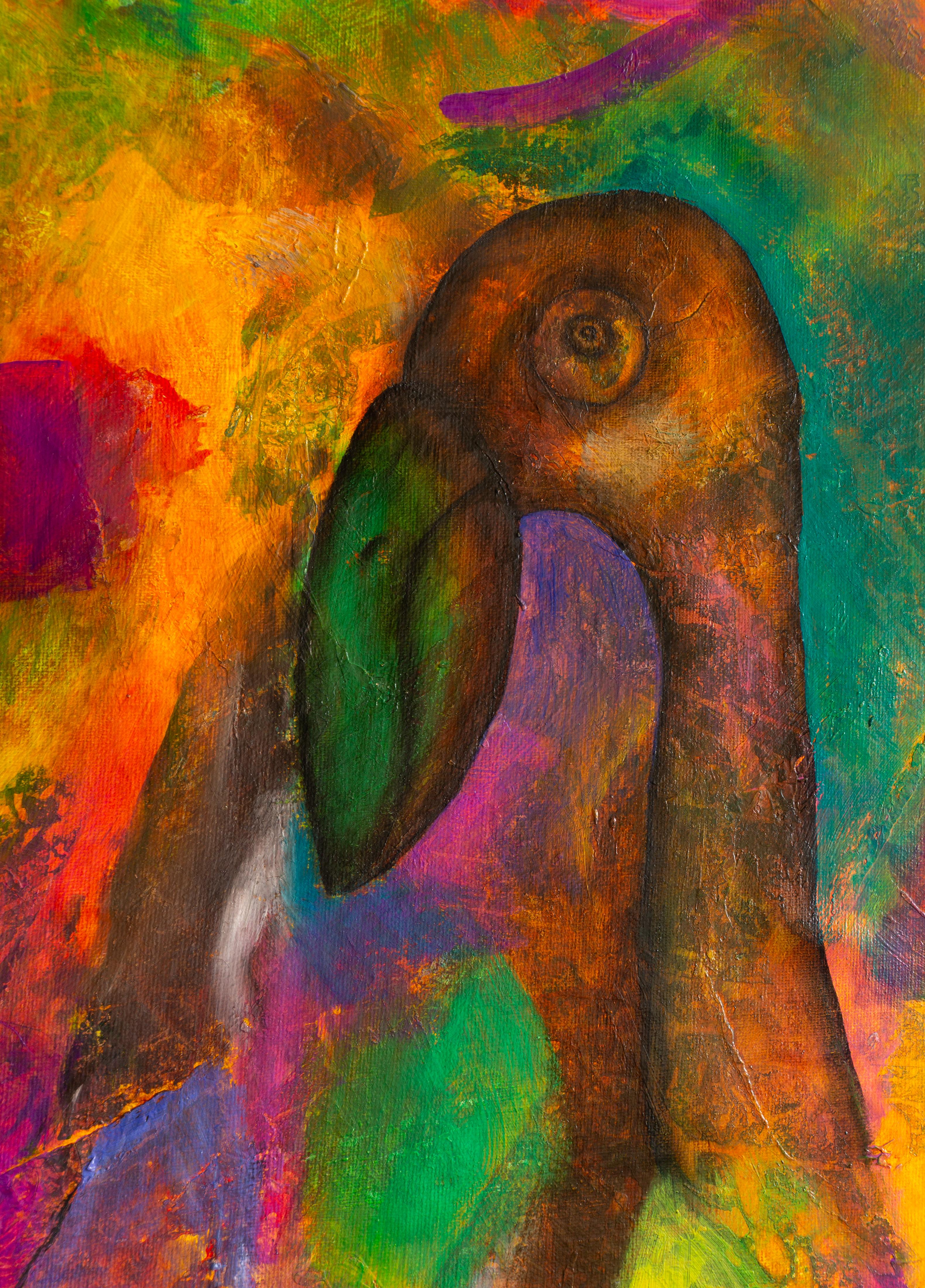 Spell in the jungle - Painting in green, magenta and yellow tones with textures For Sale 2