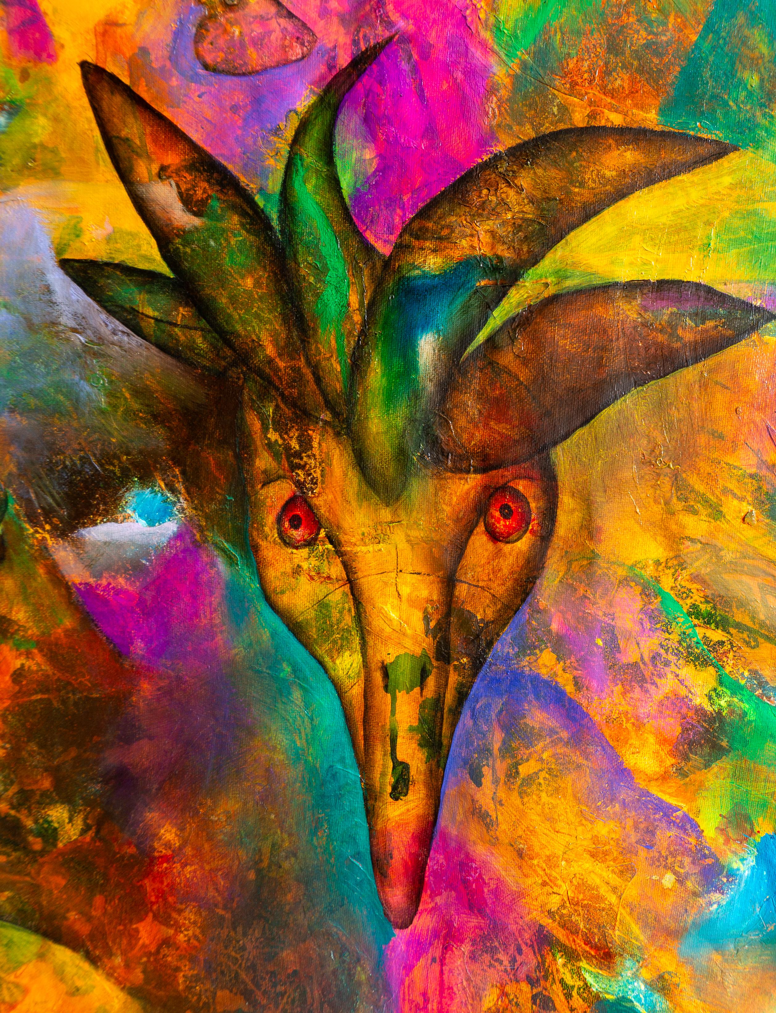 Spell in the jungle - Painting in green, magenta and yellow tones with textures For Sale 3