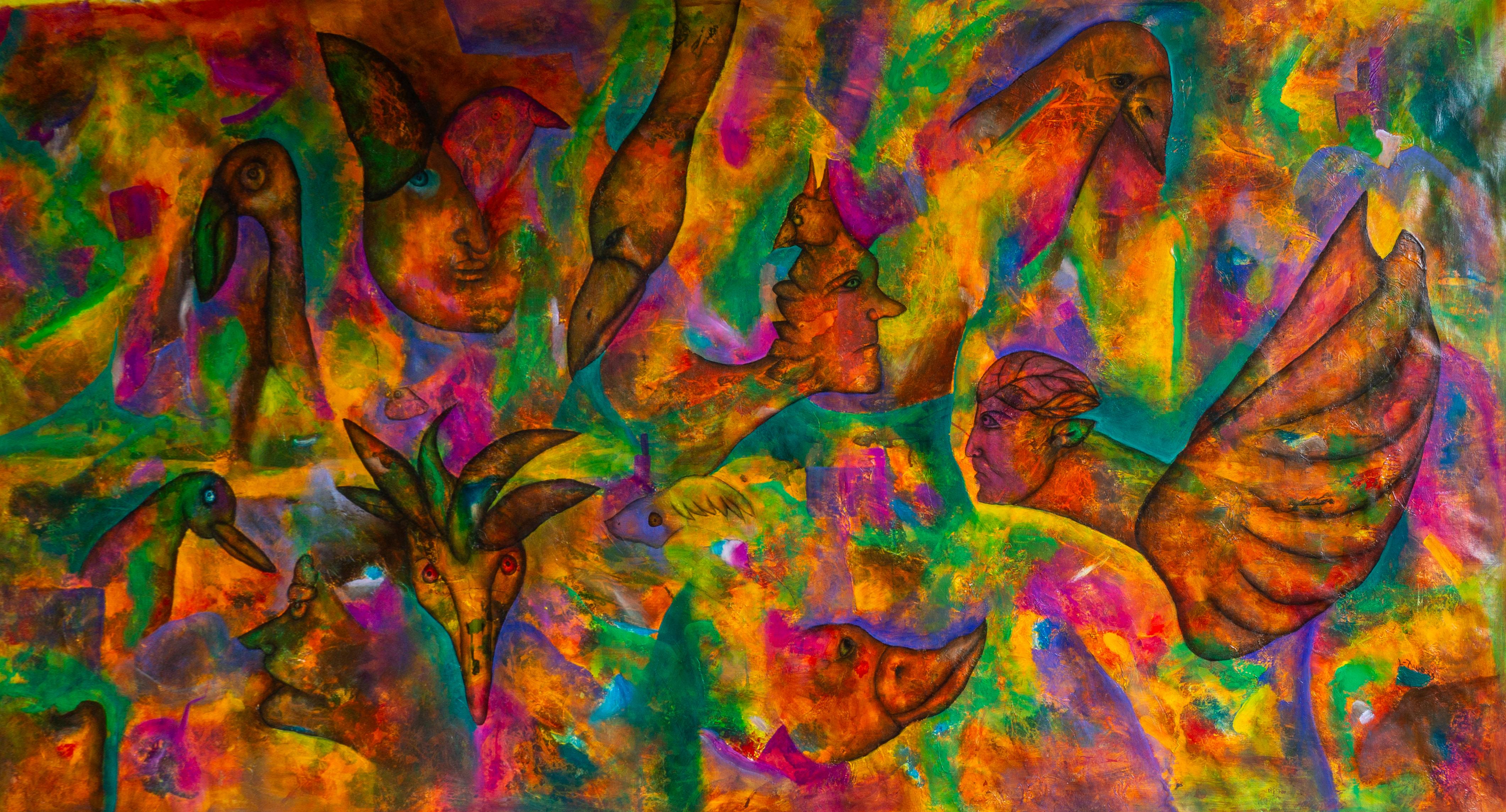 Abstract Painting Luis Alexander Rodríguez (Ie-Xiua) - Spell in the jungle - Peinture dans les tons vert, magenta et jaune avec textures