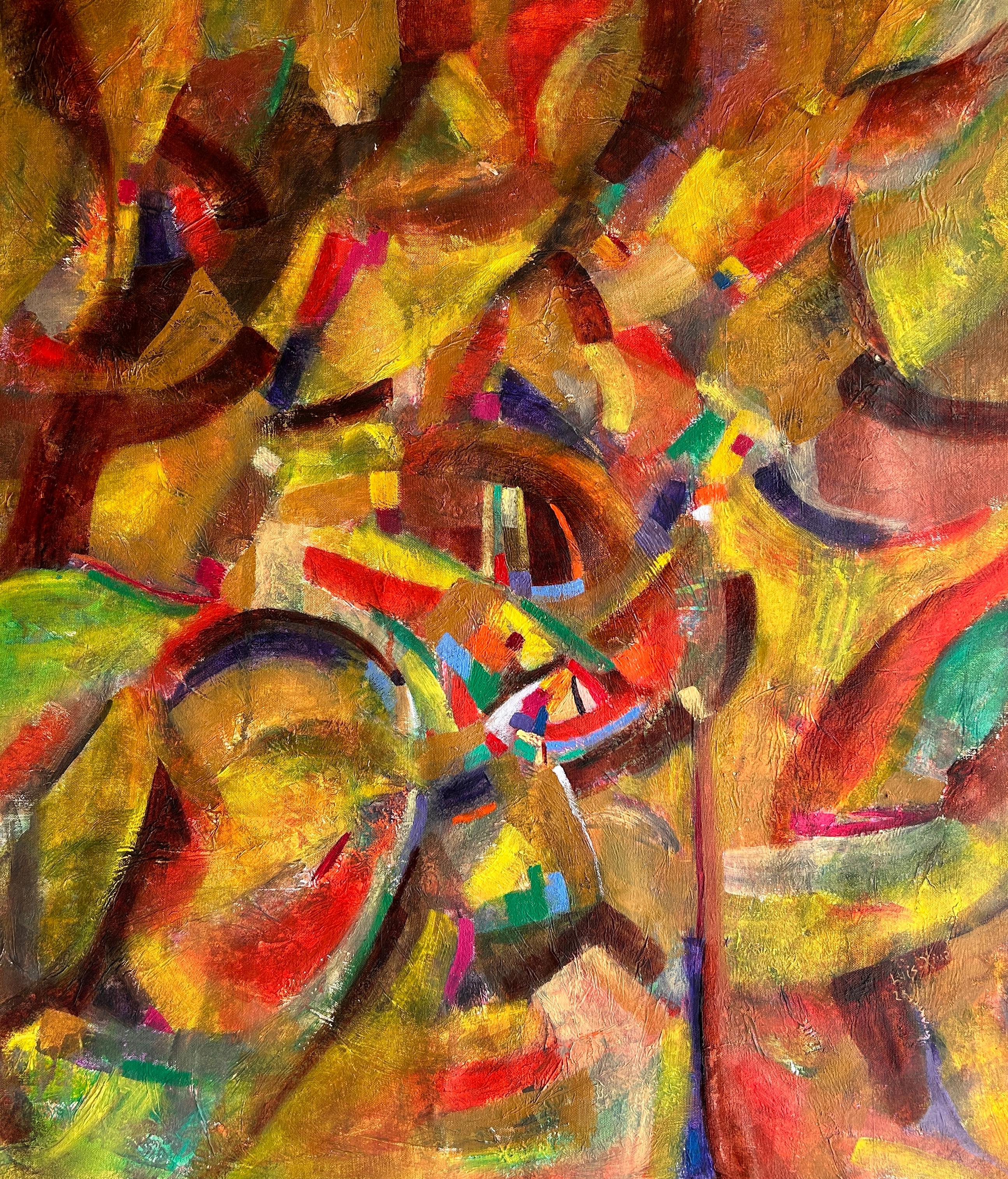 Pittura astratta contemporanea a olio su tela, 65x77 cm, "Dall'alba al tramonto"