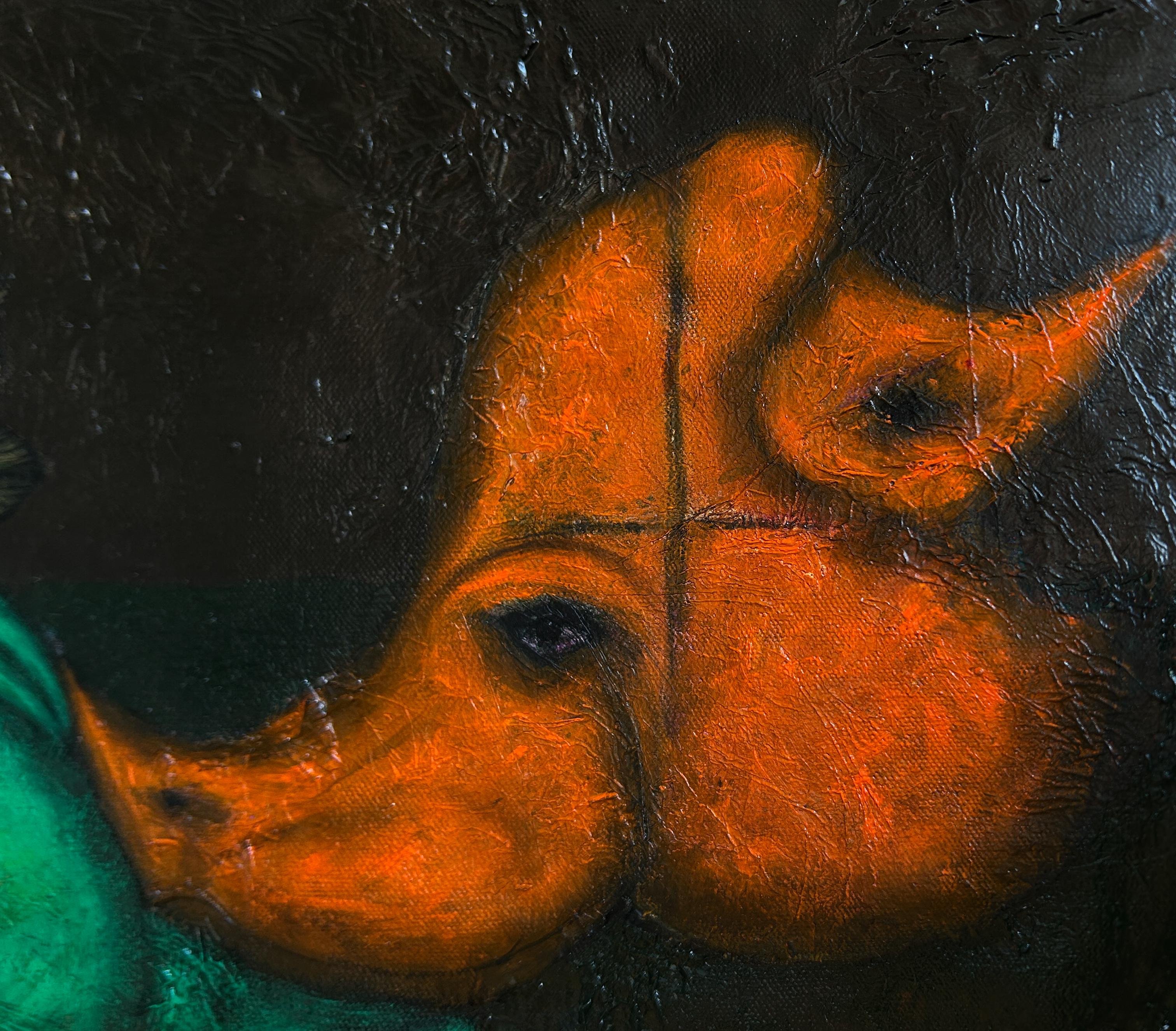 Pintura al óleo figurativa surrealista sobre lienzo con animales. 