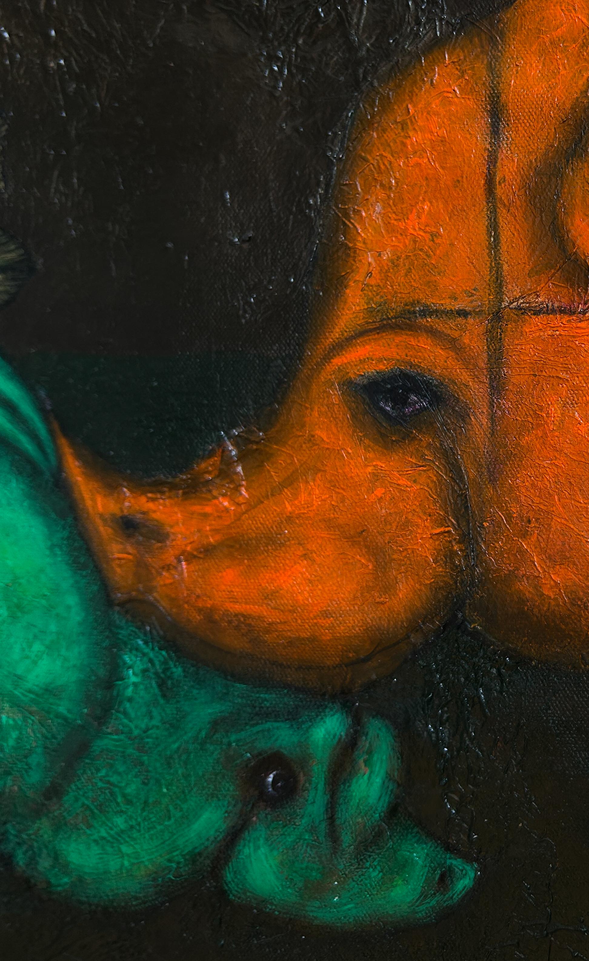 Pintura al óleo figurativa surrealista sobre lienzo con animales. 
