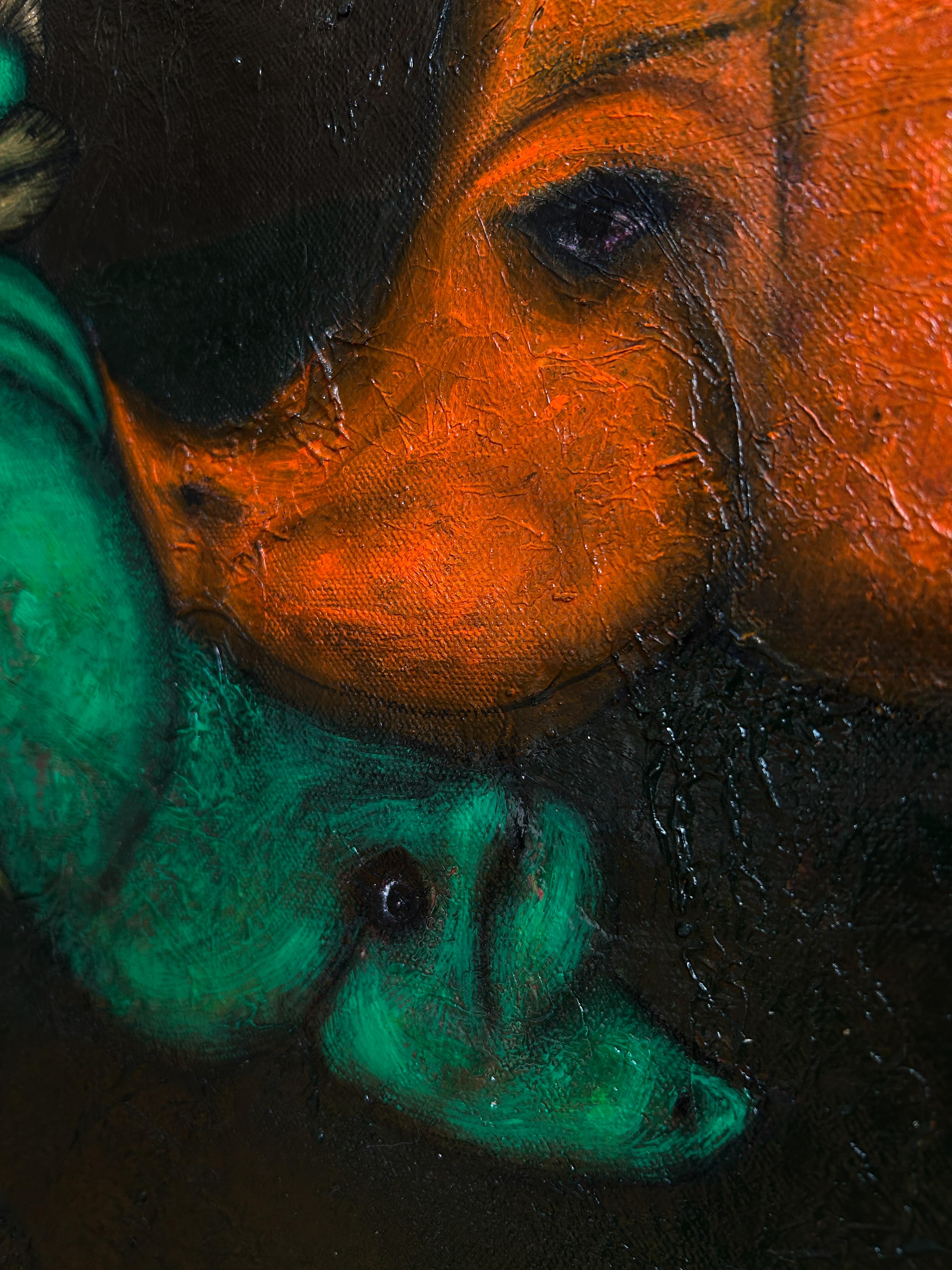 Pintura al óleo figurativa surrealista sobre lienzo con animales. 