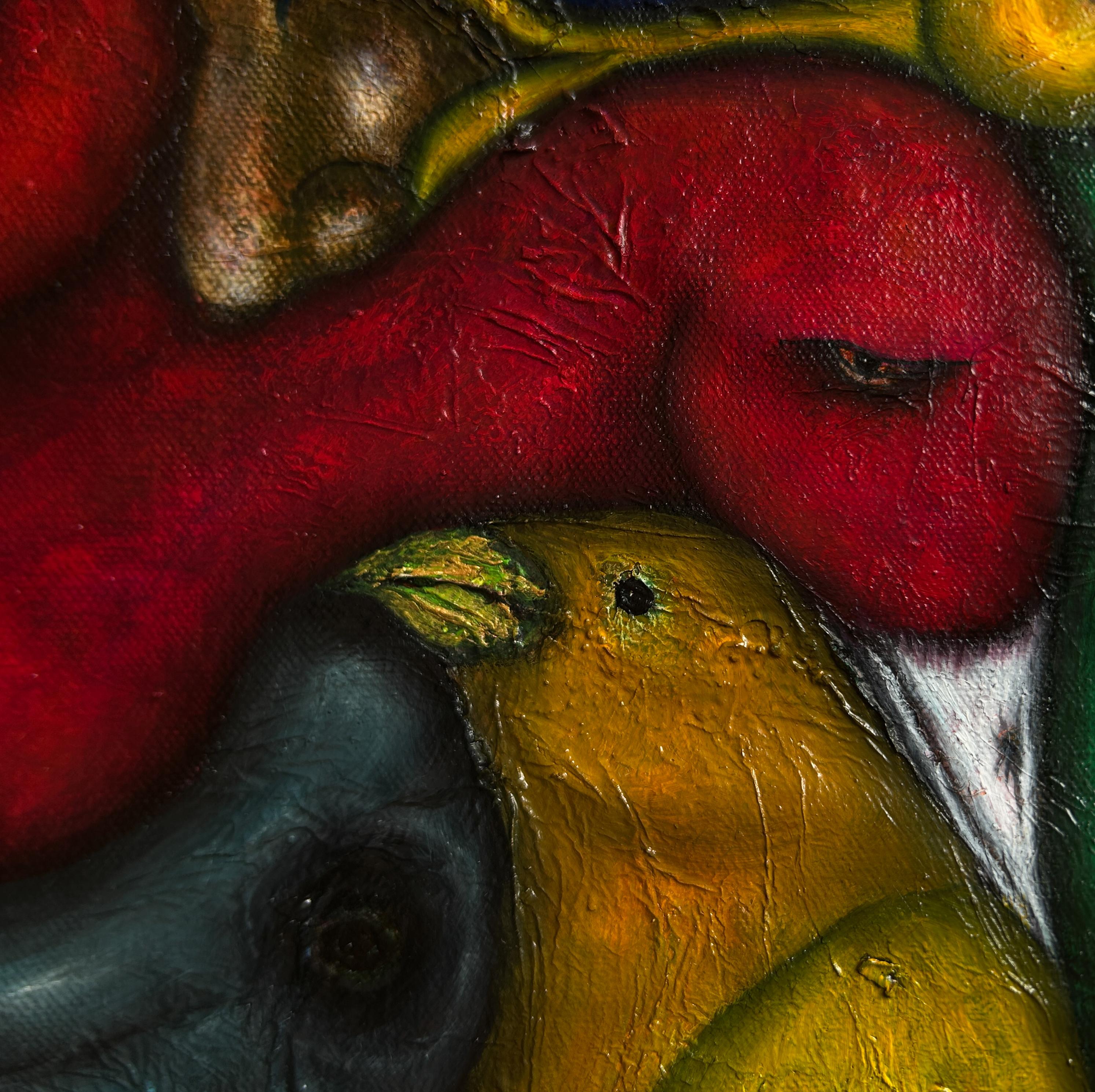 Pintura al óleo figurativa surrealista sobre lienzo con animales. 