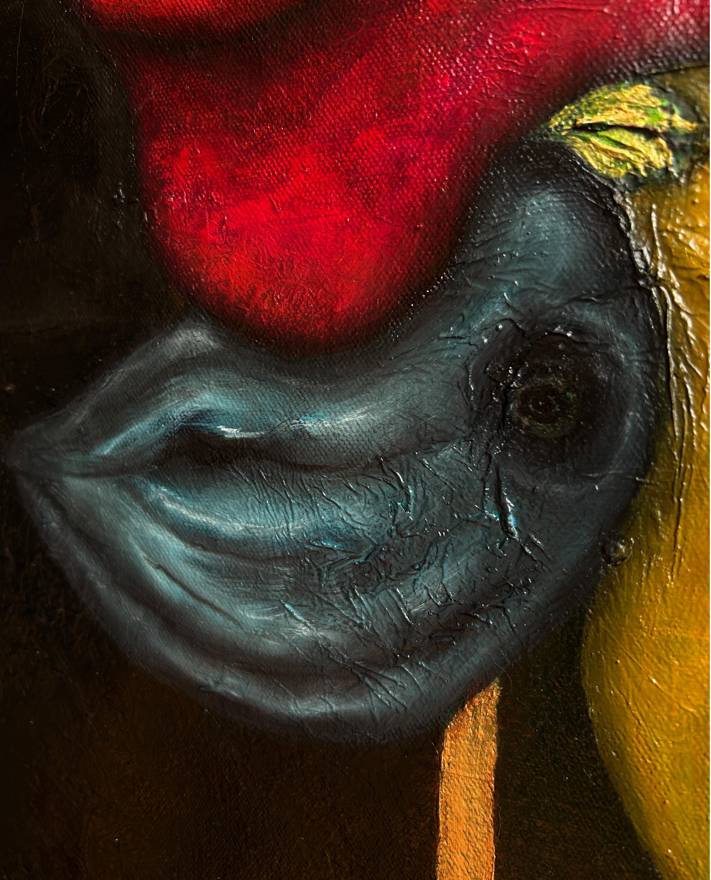 Pintura al óleo figurativa surrealista sobre lienzo con animales. 