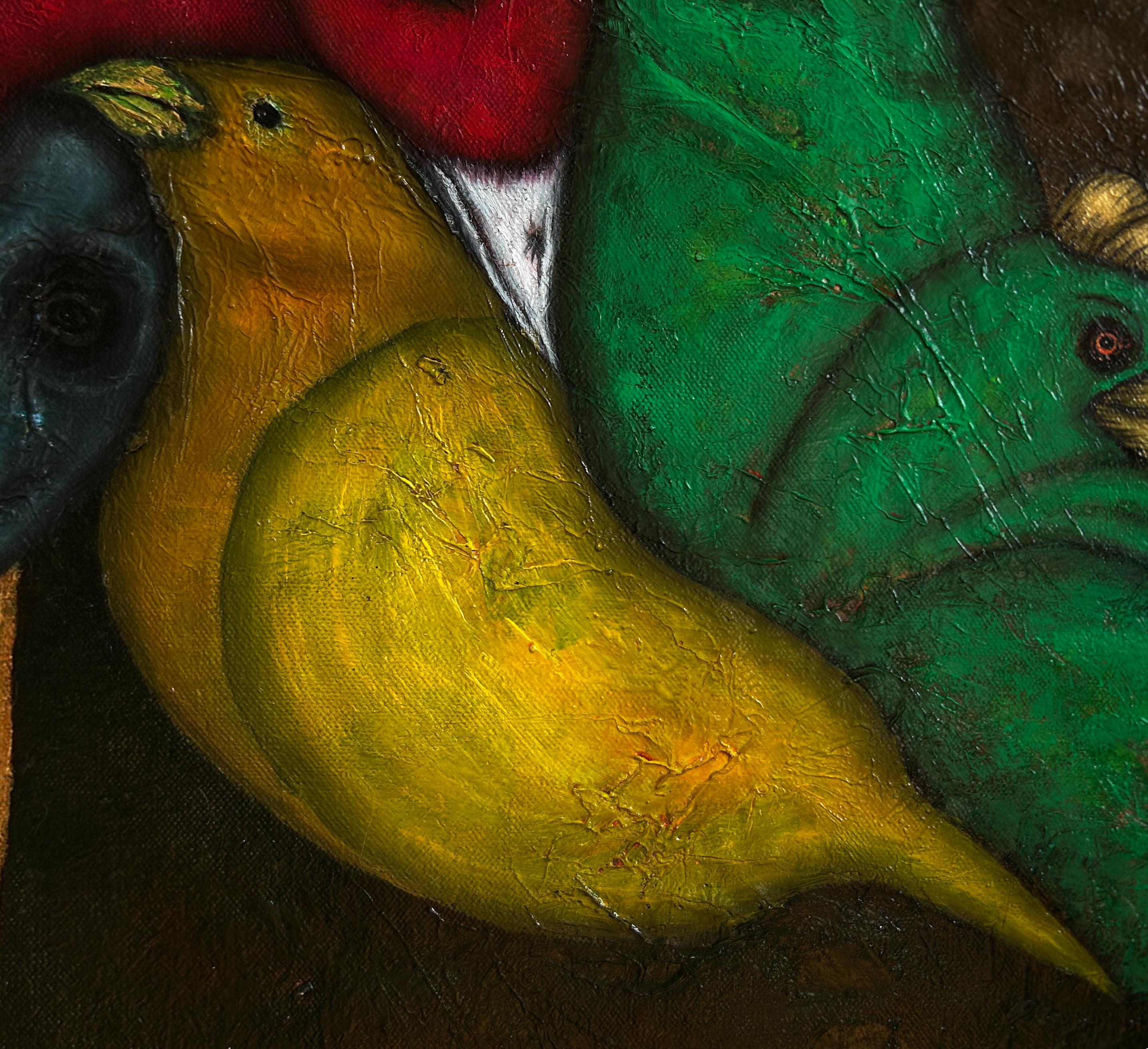 Pintura al óleo figurativa surrealista sobre lienzo con animales. 