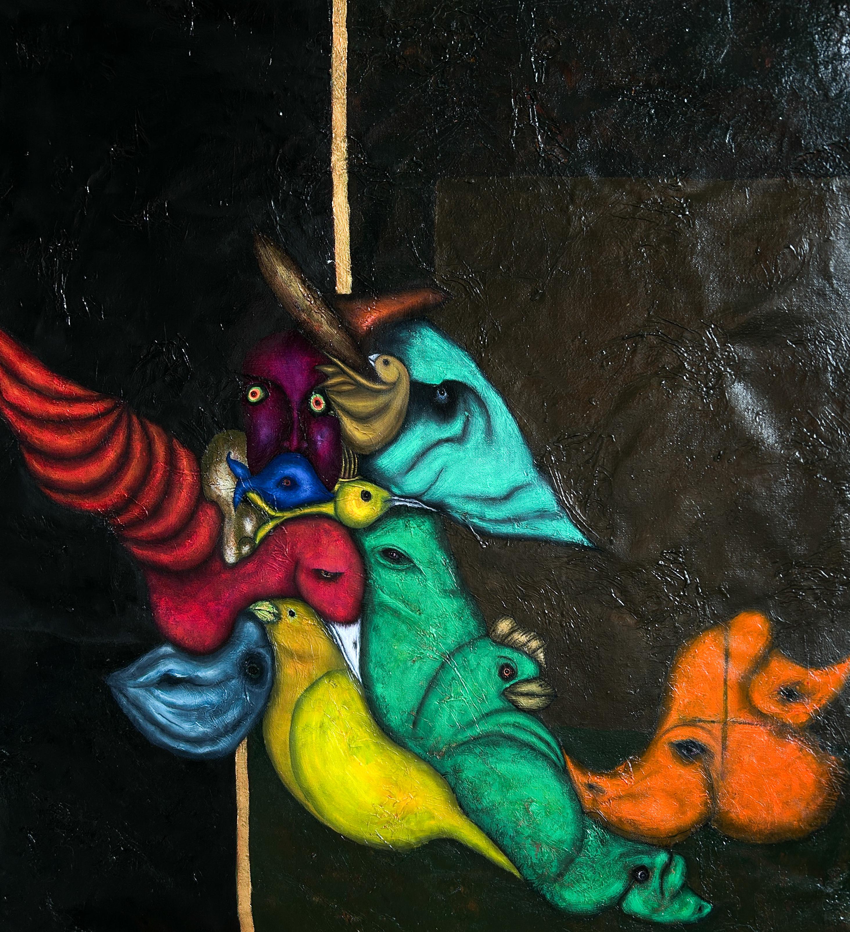 Pintura al óleo figurativa surrealista sobre lienzo con animales. 