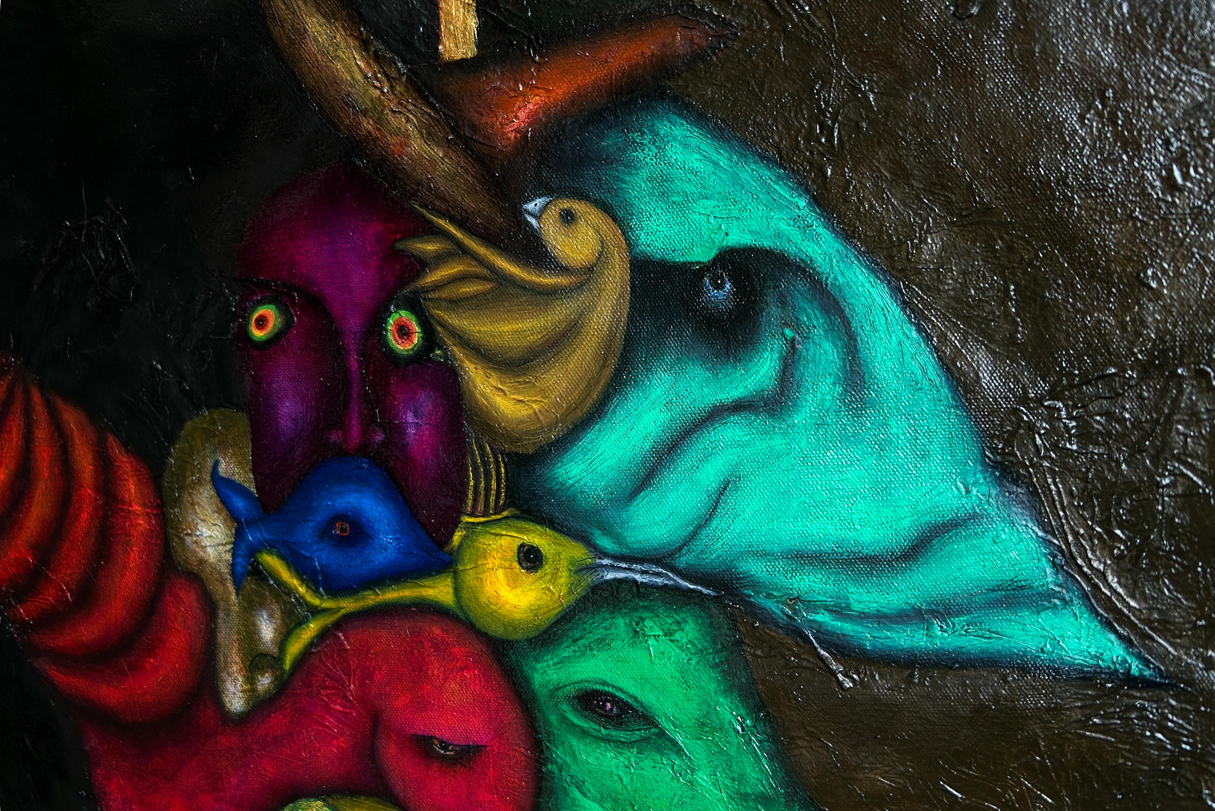 Pintura al óleo figurativa surrealista sobre lienzo con animales. 
