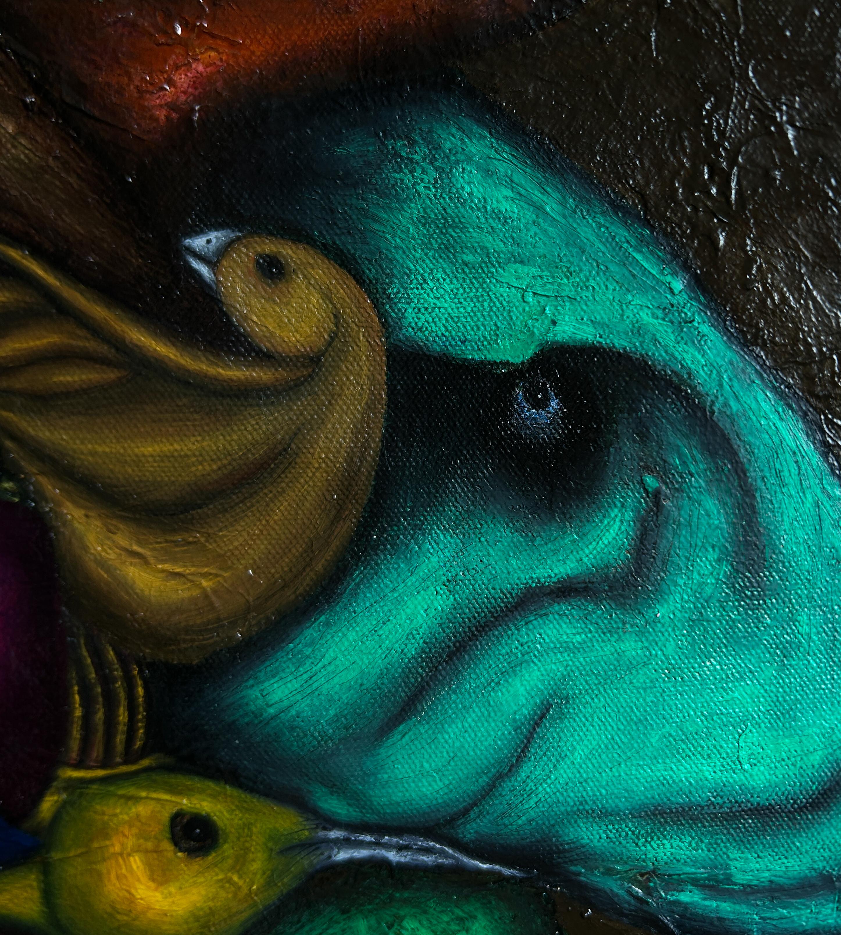 Pintura al óleo figurativa surrealista sobre lienzo con animales. 
