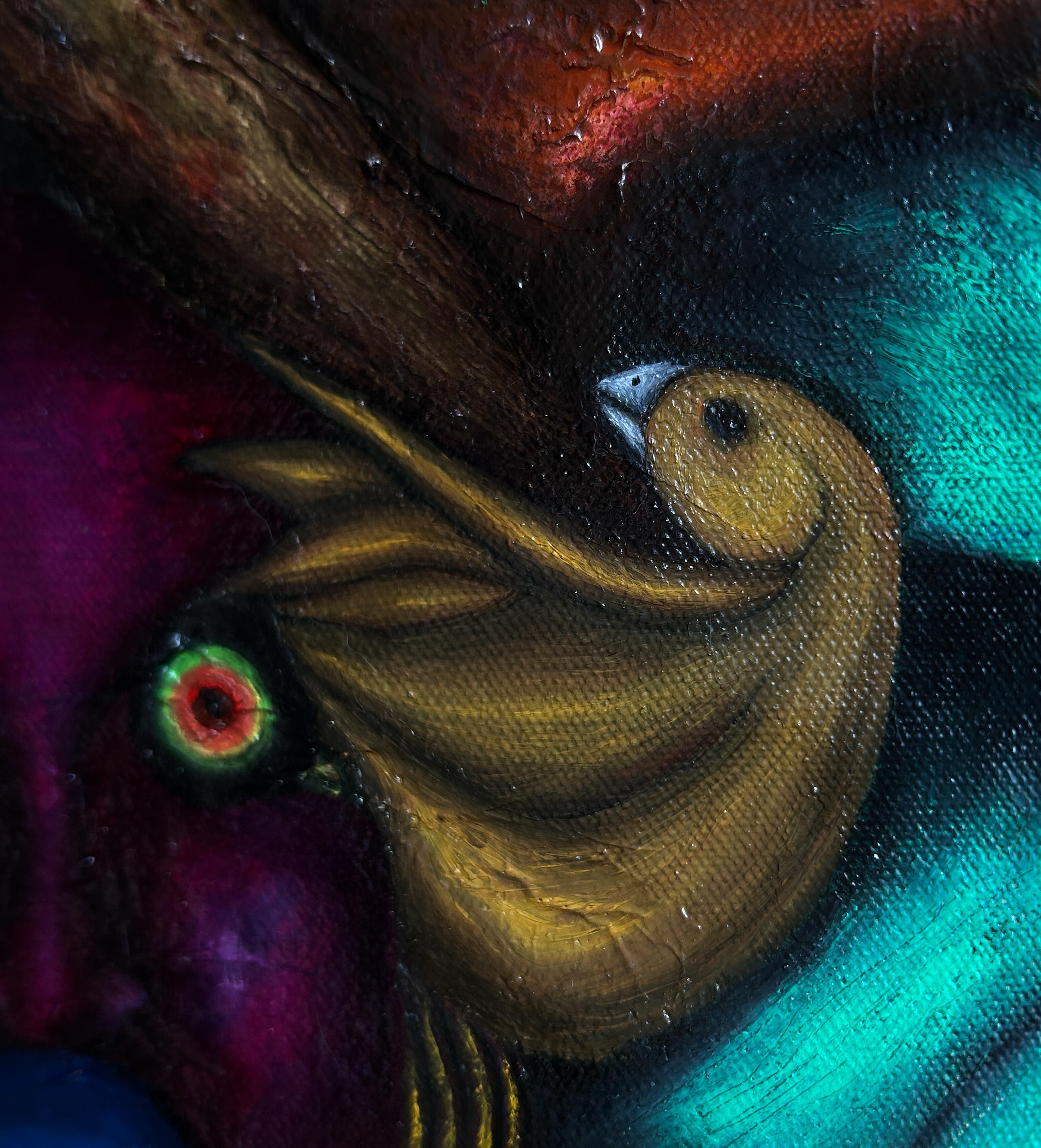 Pintura figurativa al óleo de seres fantásticos sobre un fondo colorido y de tonos terrosos. Pintura al óleo con múltiples capas y texturas, vertical sobre lienzo de 52