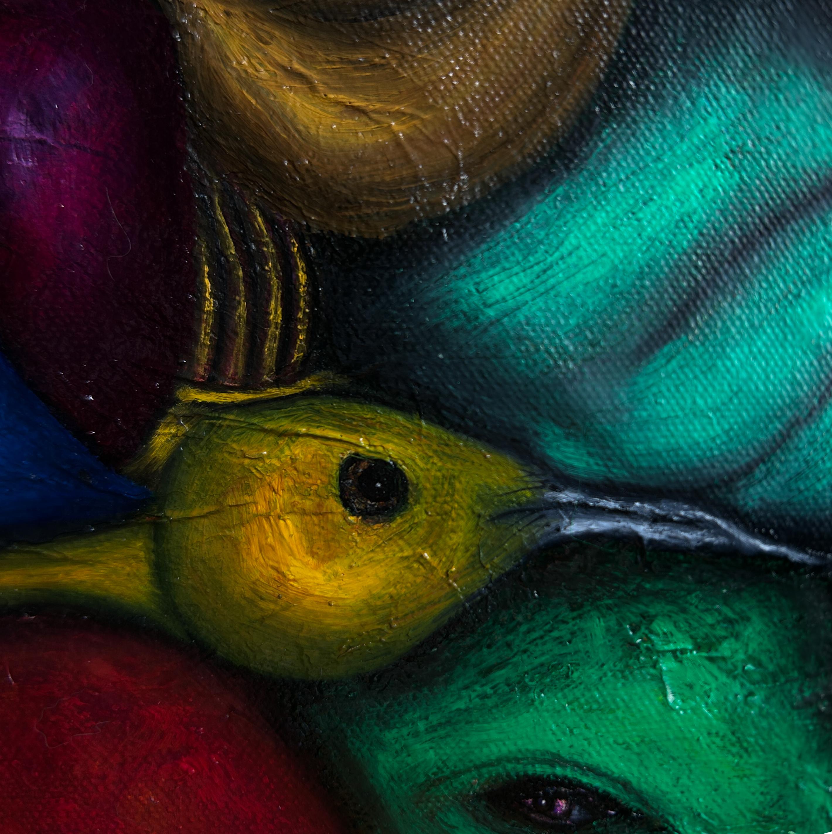Pintura al óleo figurativa surrealista sobre lienzo con animales. 