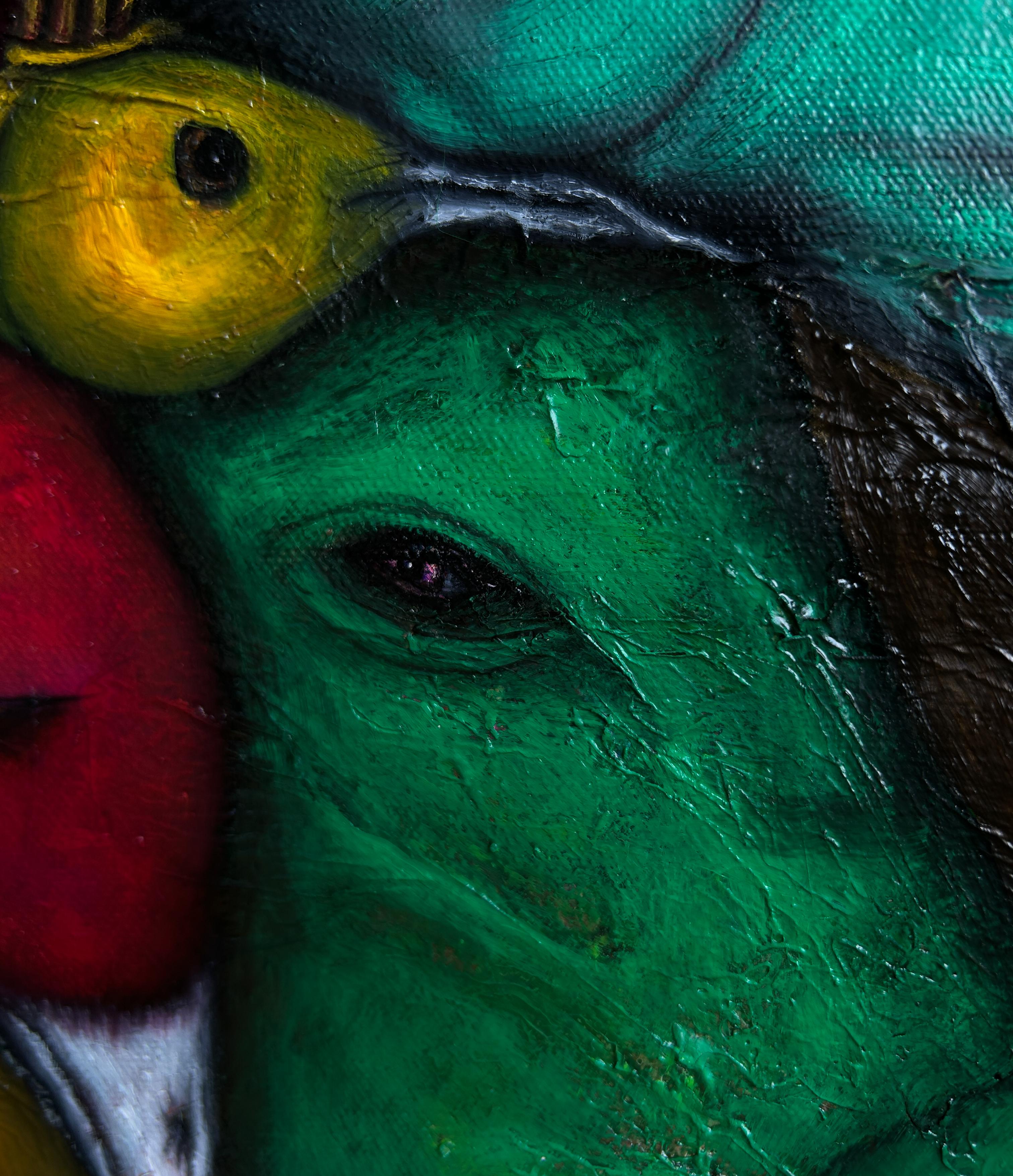 Pintura al óleo figurativa surrealista sobre lienzo con animales. 