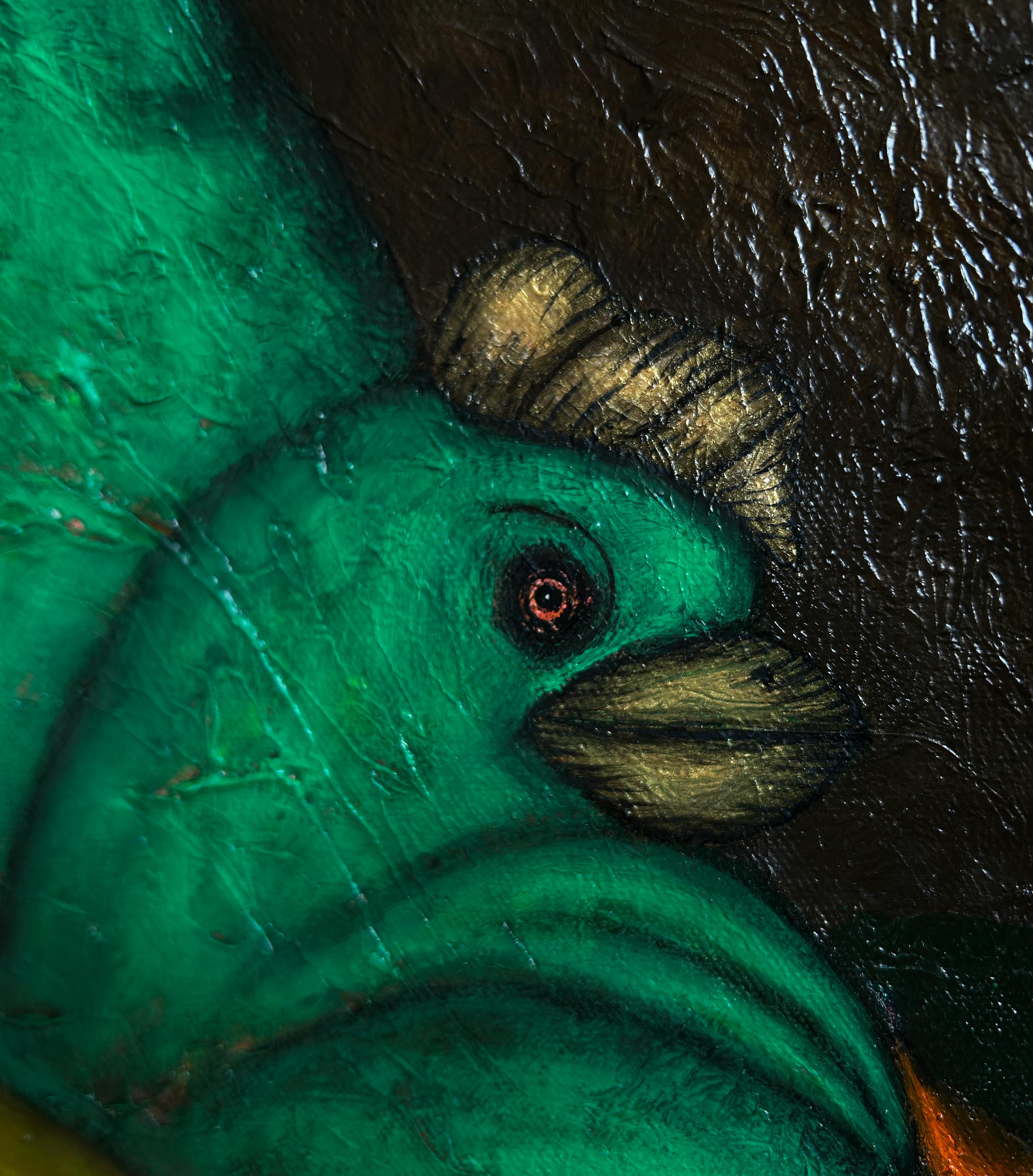 Pintura al óleo figurativa surrealista sobre lienzo con animales. 