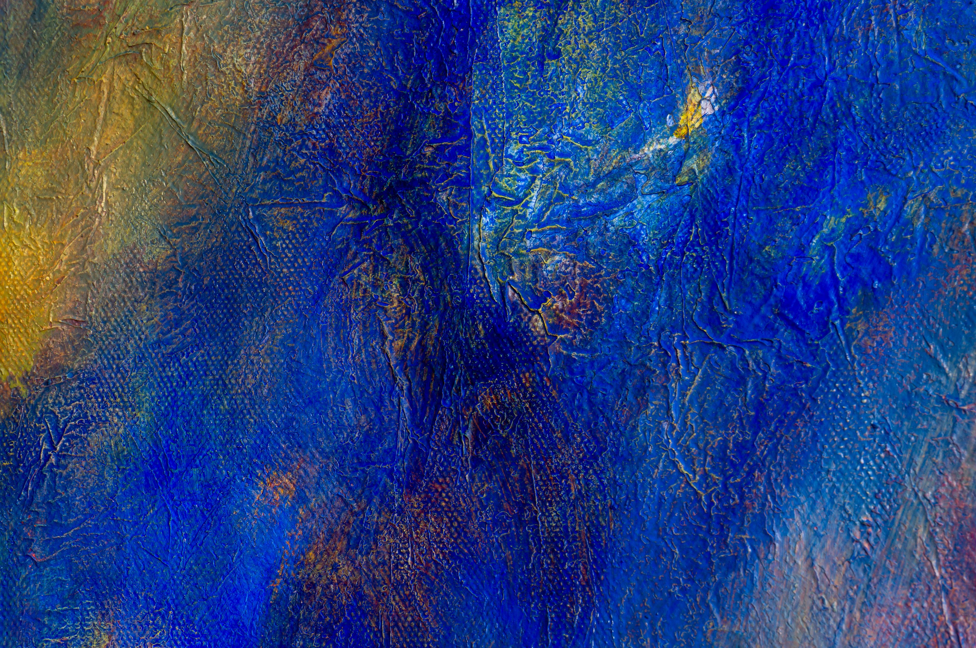 SURREAL Figurative Painting “Night in the Andes” in blue tones, mixed texture For Sale 10