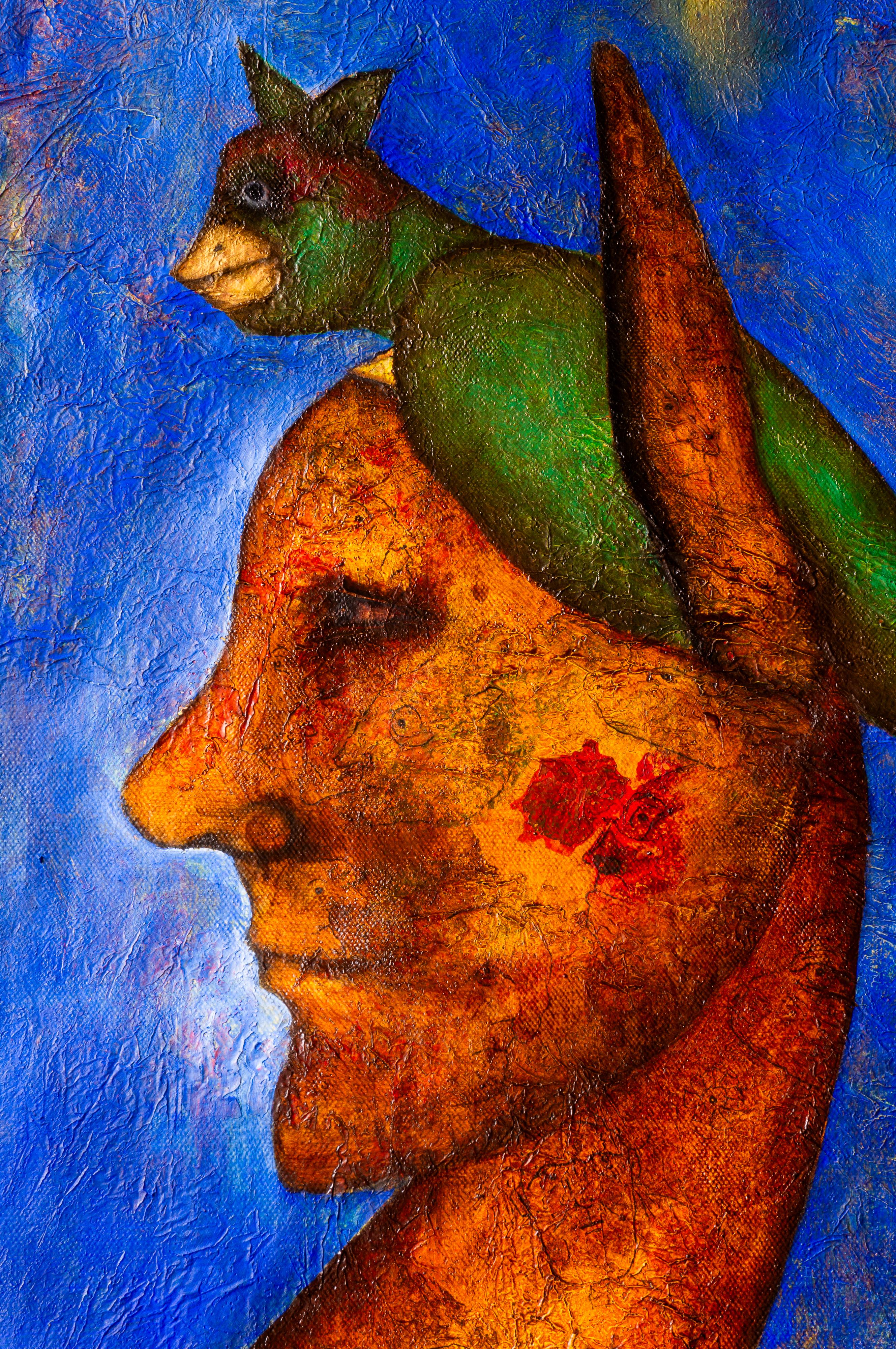 SURREAL Figurative Painting “Night in the Andes” in blue tones, mixed texture For Sale 1