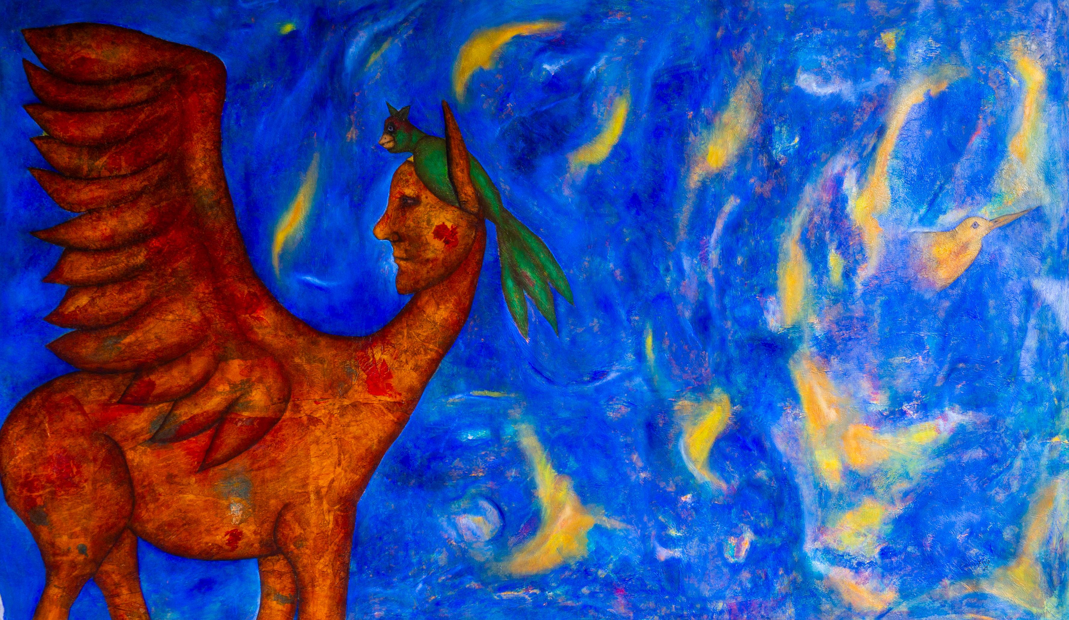 Luis Alexander Rodríguez (Ie-Xiua) Animal Painting – SURREAL Figurative Malerei Nacht in den Anden in Blautönen, gemischte Textur