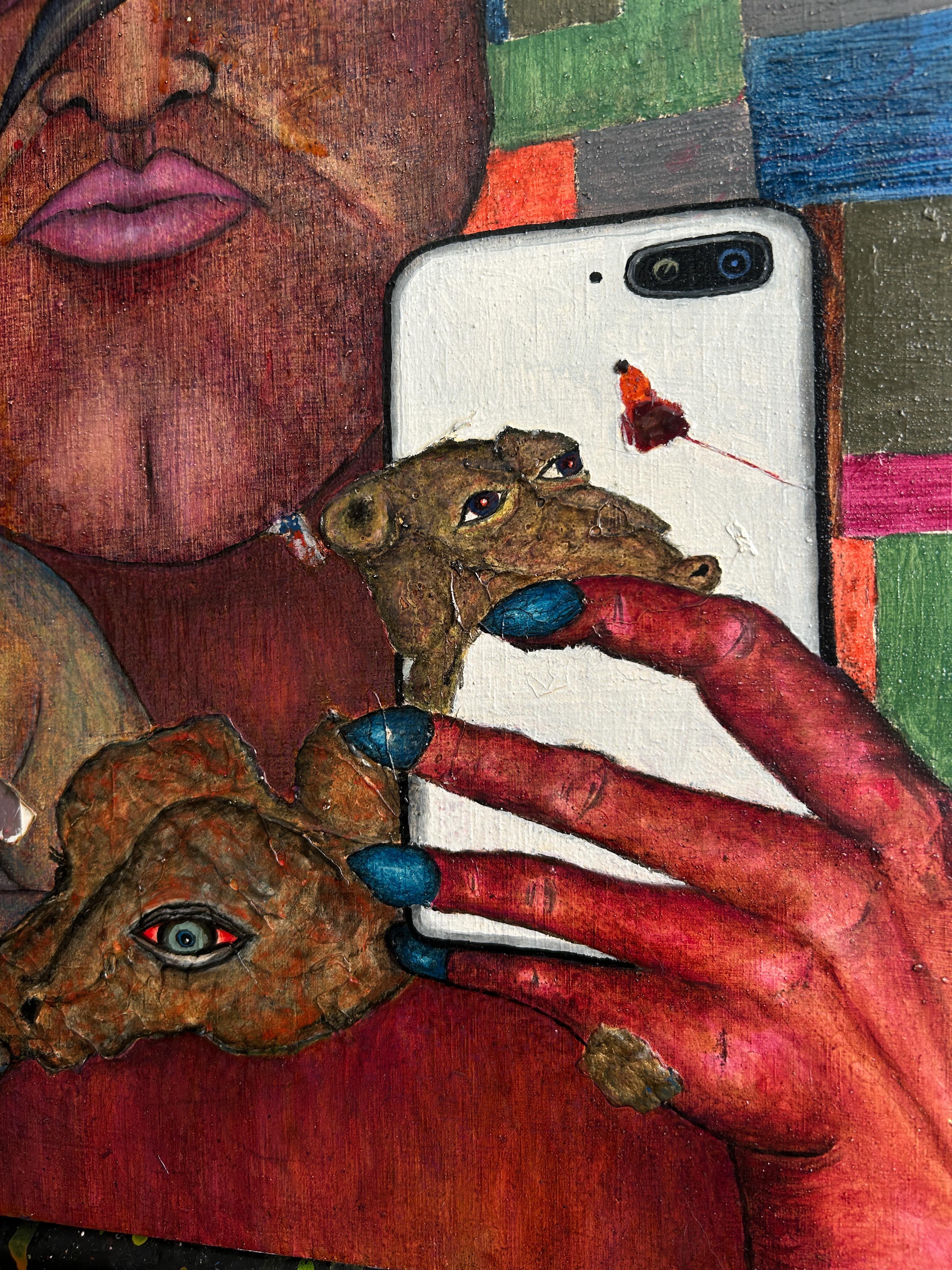 Pittura a olio su tavola surreale con figurazioni fantastiche e animali. 