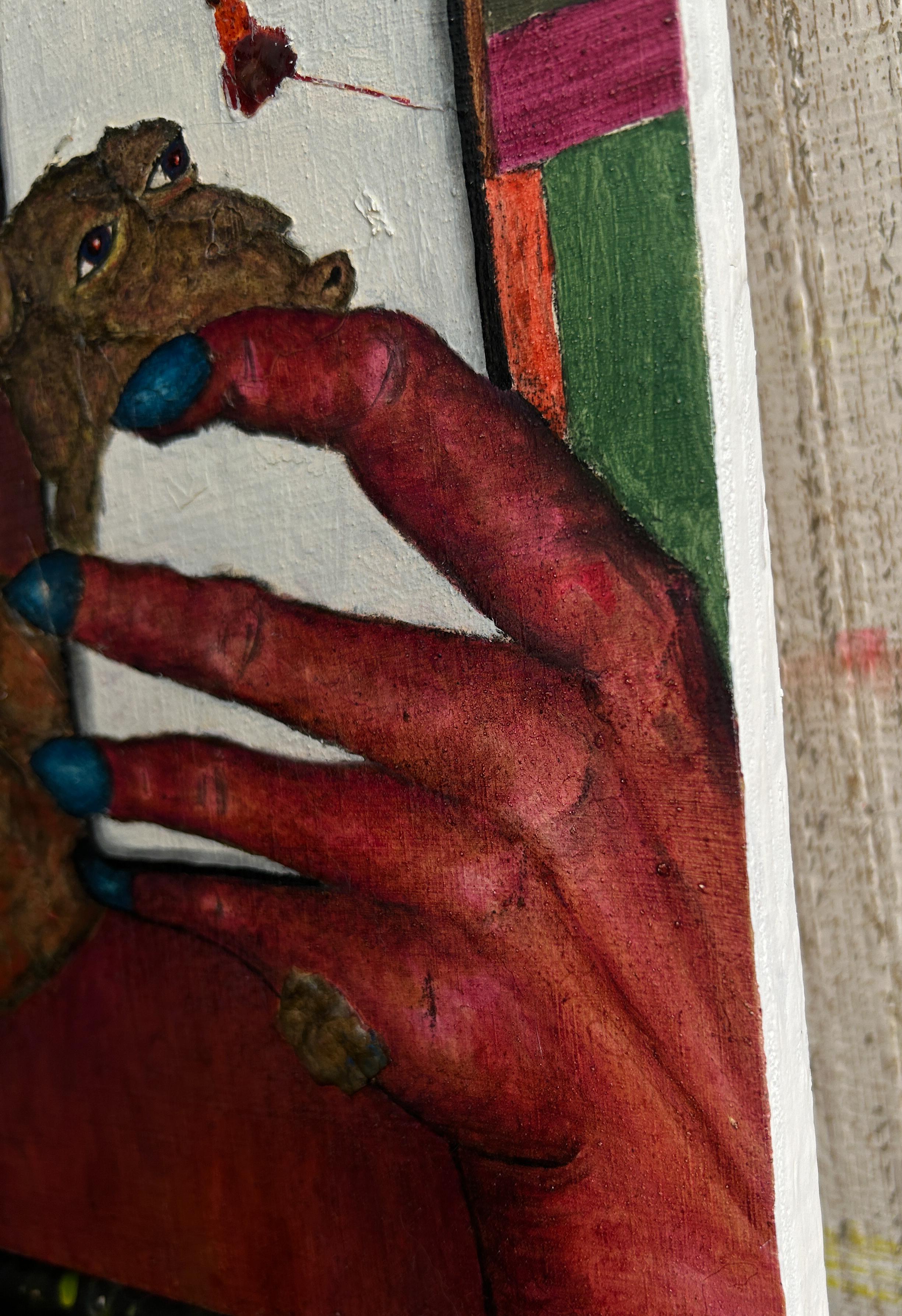 Pittura a olio su tavola surreale con figurazioni fantastiche e animali. 
