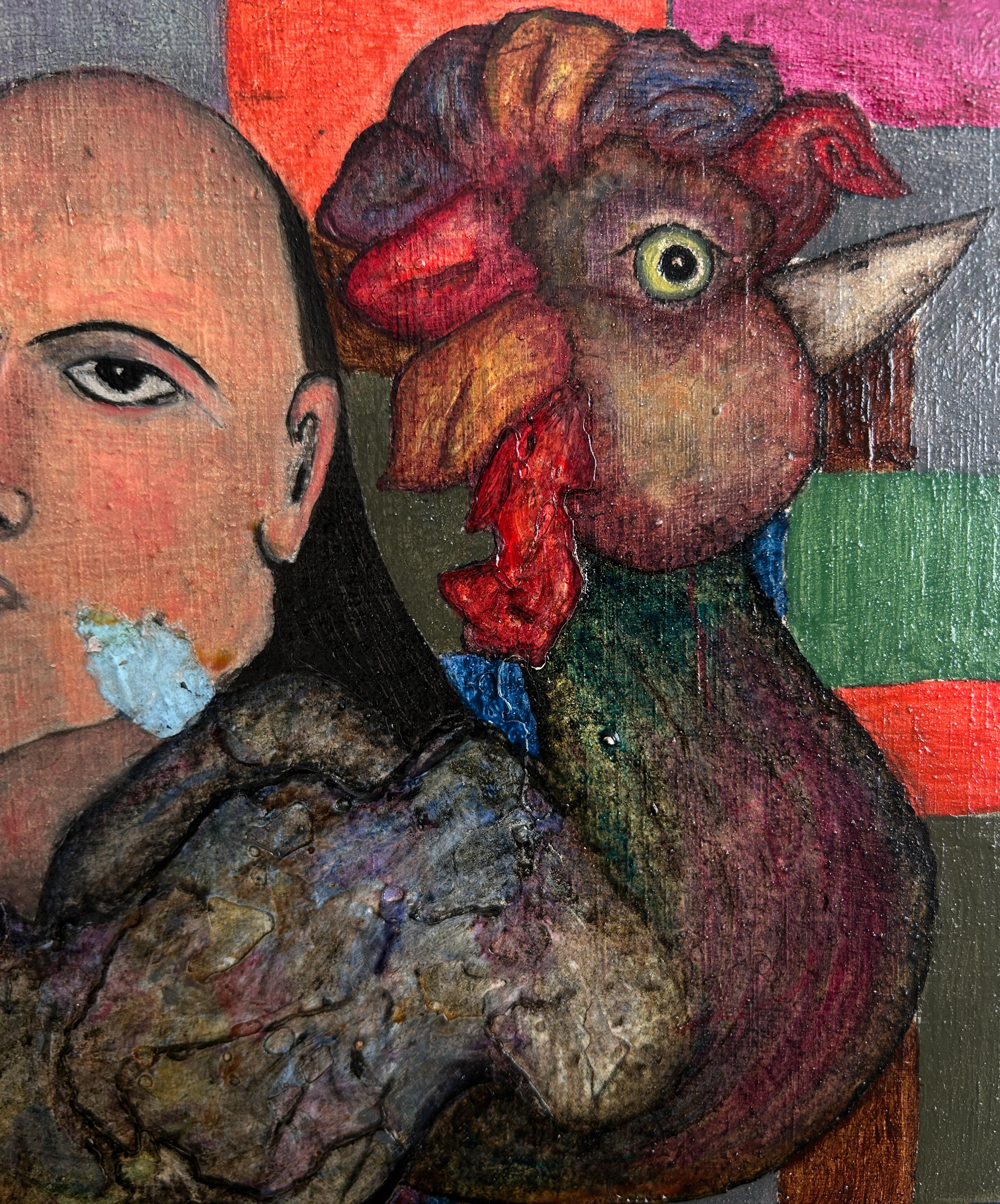 Pittura a olio su tavola surreale con figurazioni fantastiche e animali. 