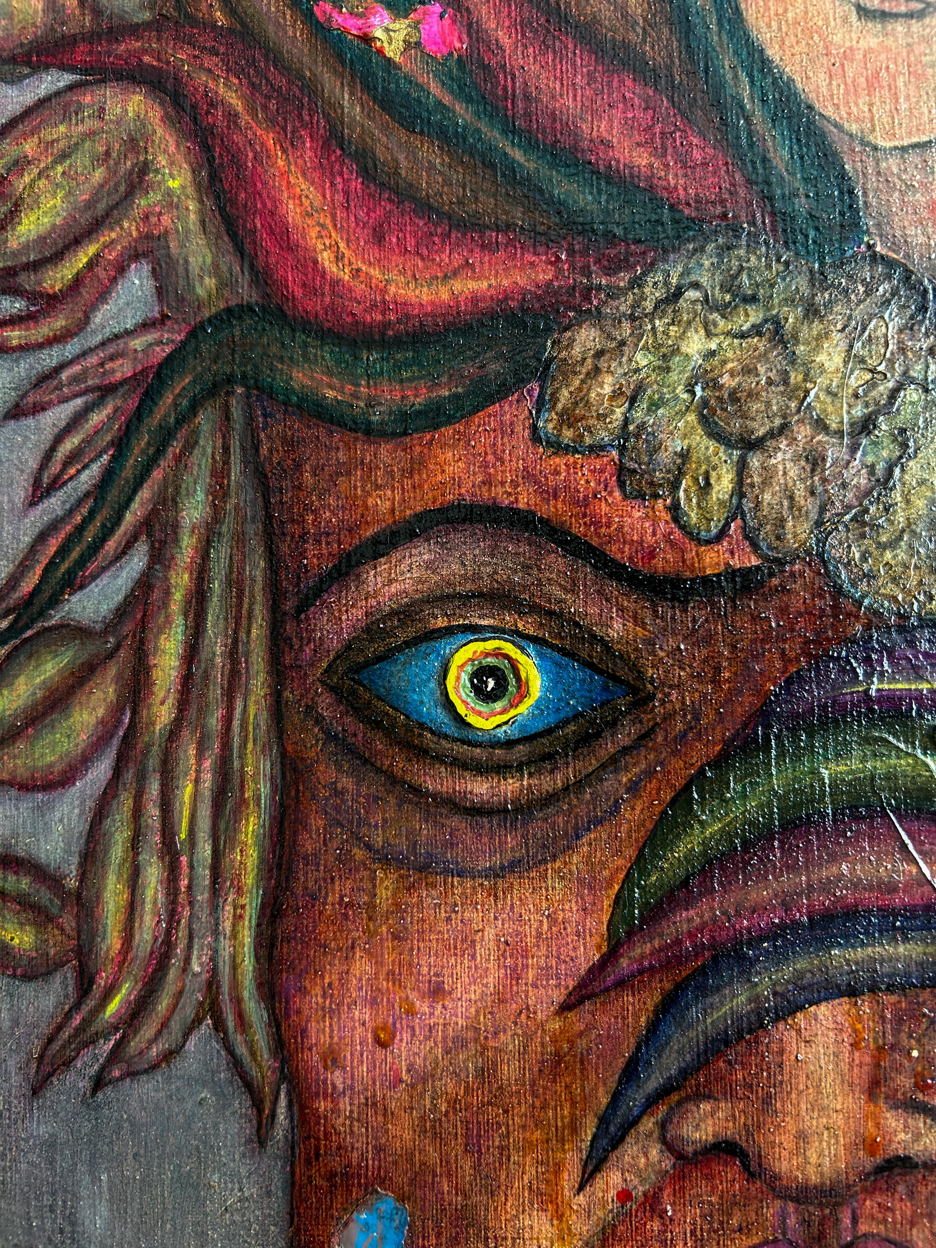 Pittura a olio su tavola surreale con figurazioni fantastiche e animali. 