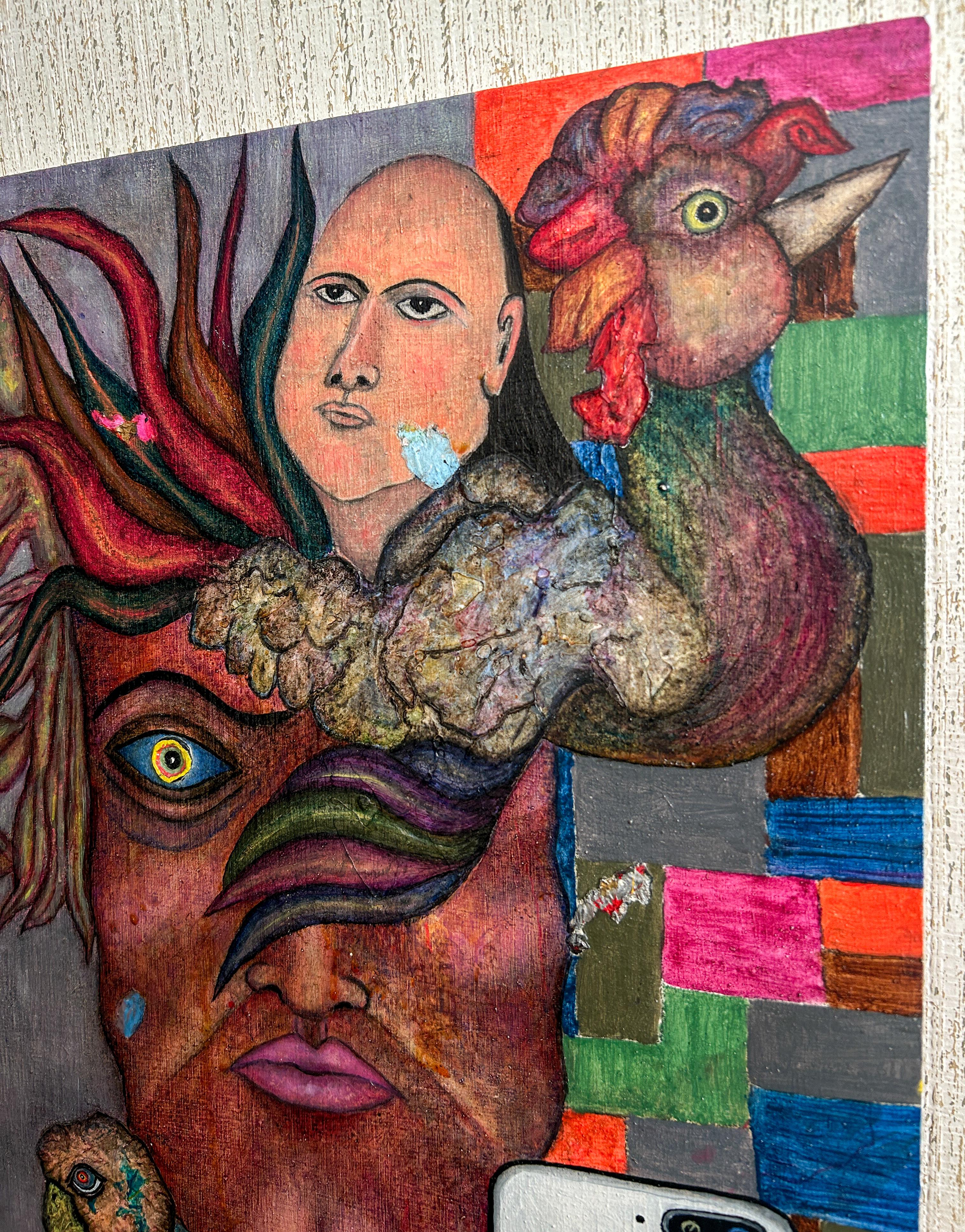 Pittura a olio su tavola surreale con figurazioni fantastiche e animali. 