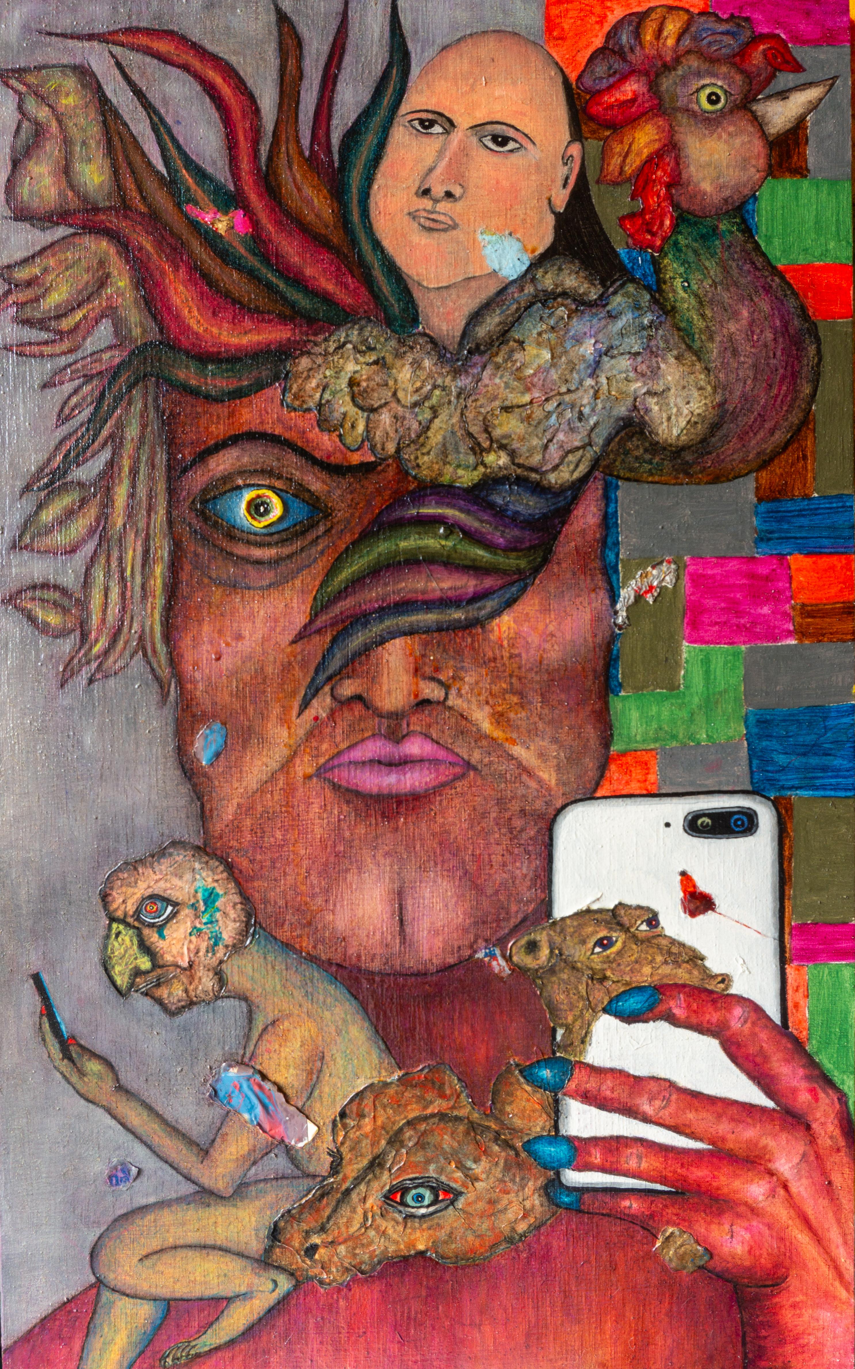 Surreal Oil Painting on Board with Fantastic Figuration and Animals. "Garden"