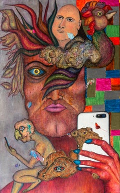 Pittura a olio su tavola surreale con figurazioni fantastiche e animali. "Giardino"