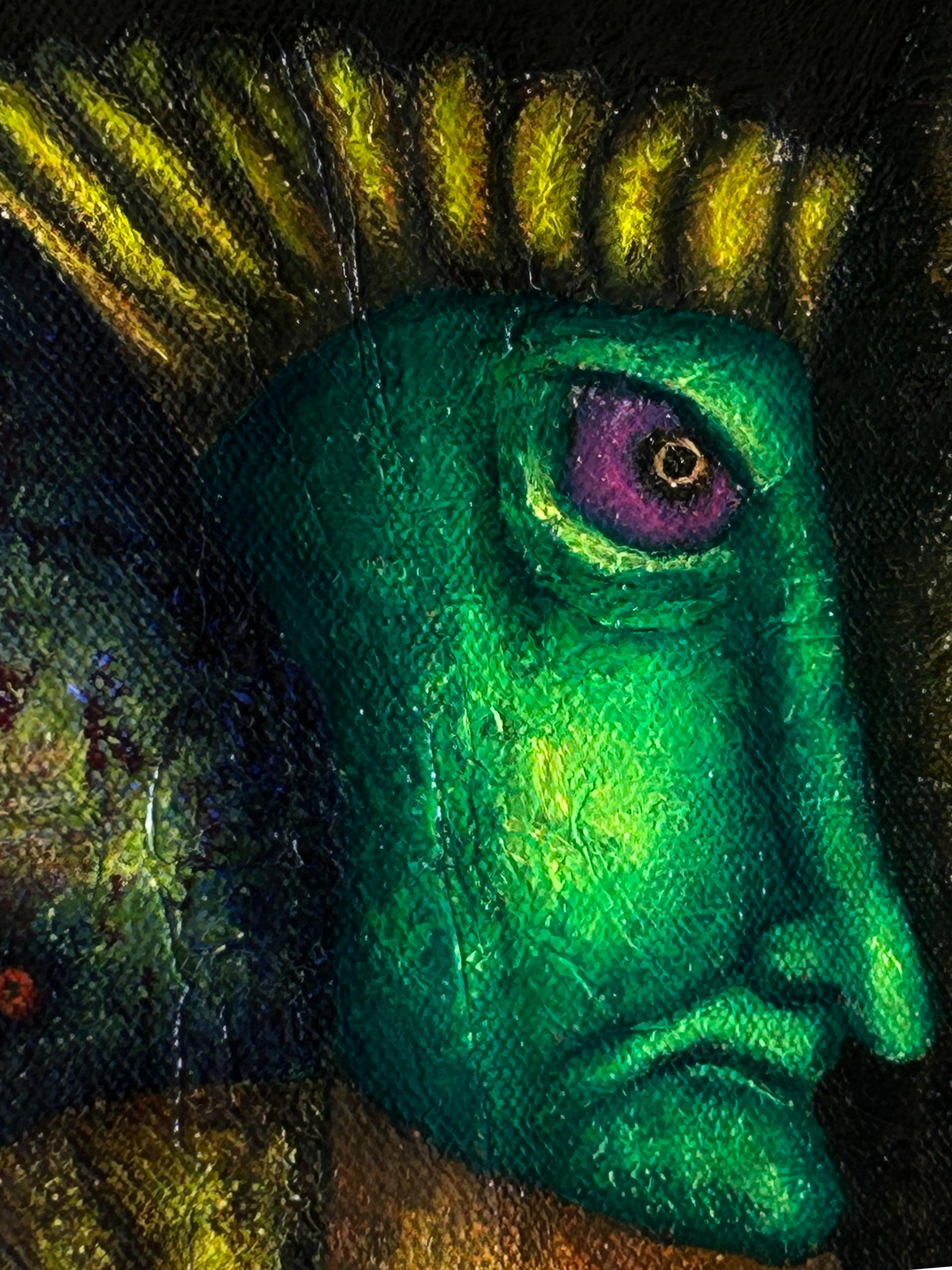 Pintura al óleo surrealista sobre lienzo en azul marino y sombras naturales. 
