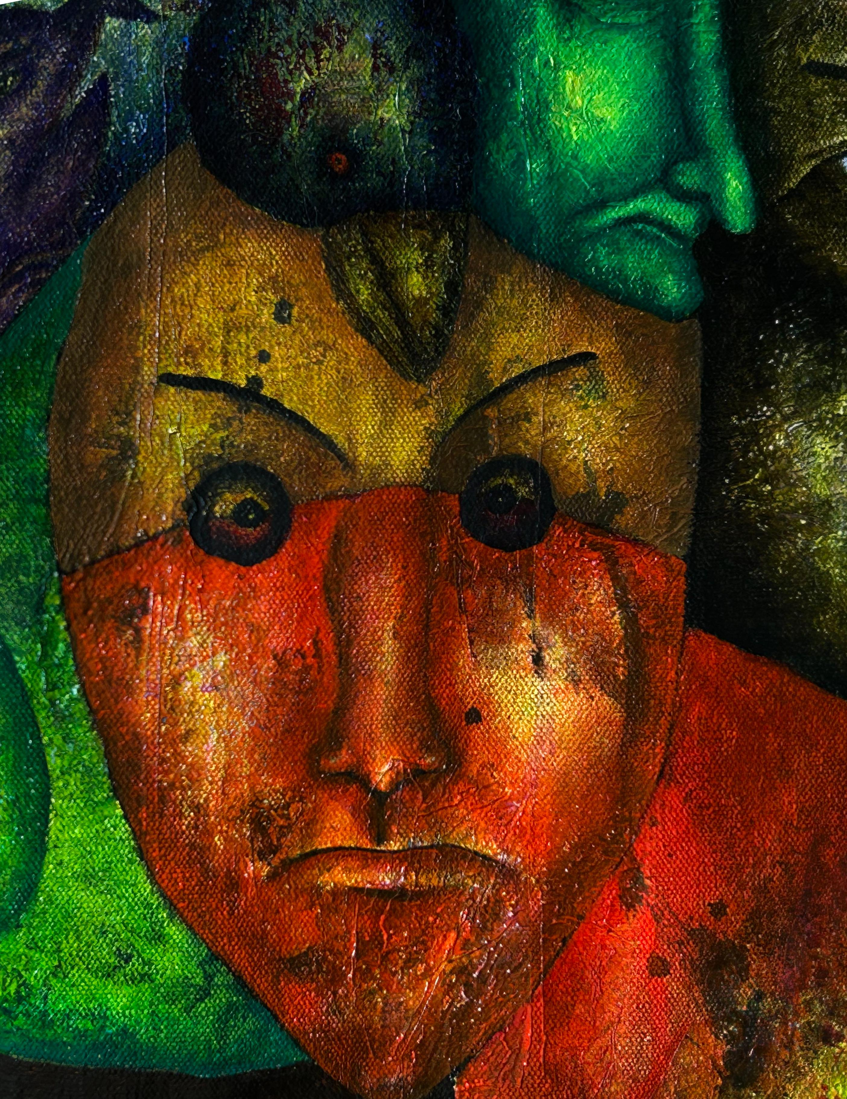 Pintura al óleo surrealista sobre lienzo en azul marino y sombras naturales. 