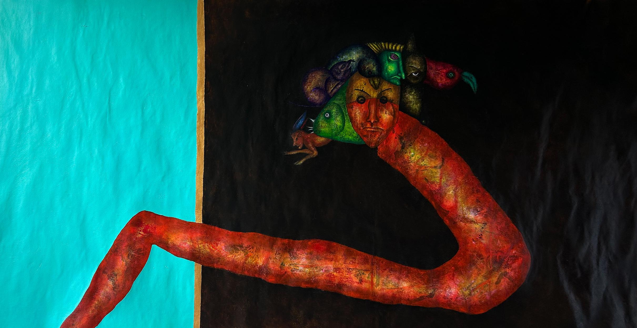 Pintura al óleo surrealista sobre lienzo en azul marino y sombras naturales. 