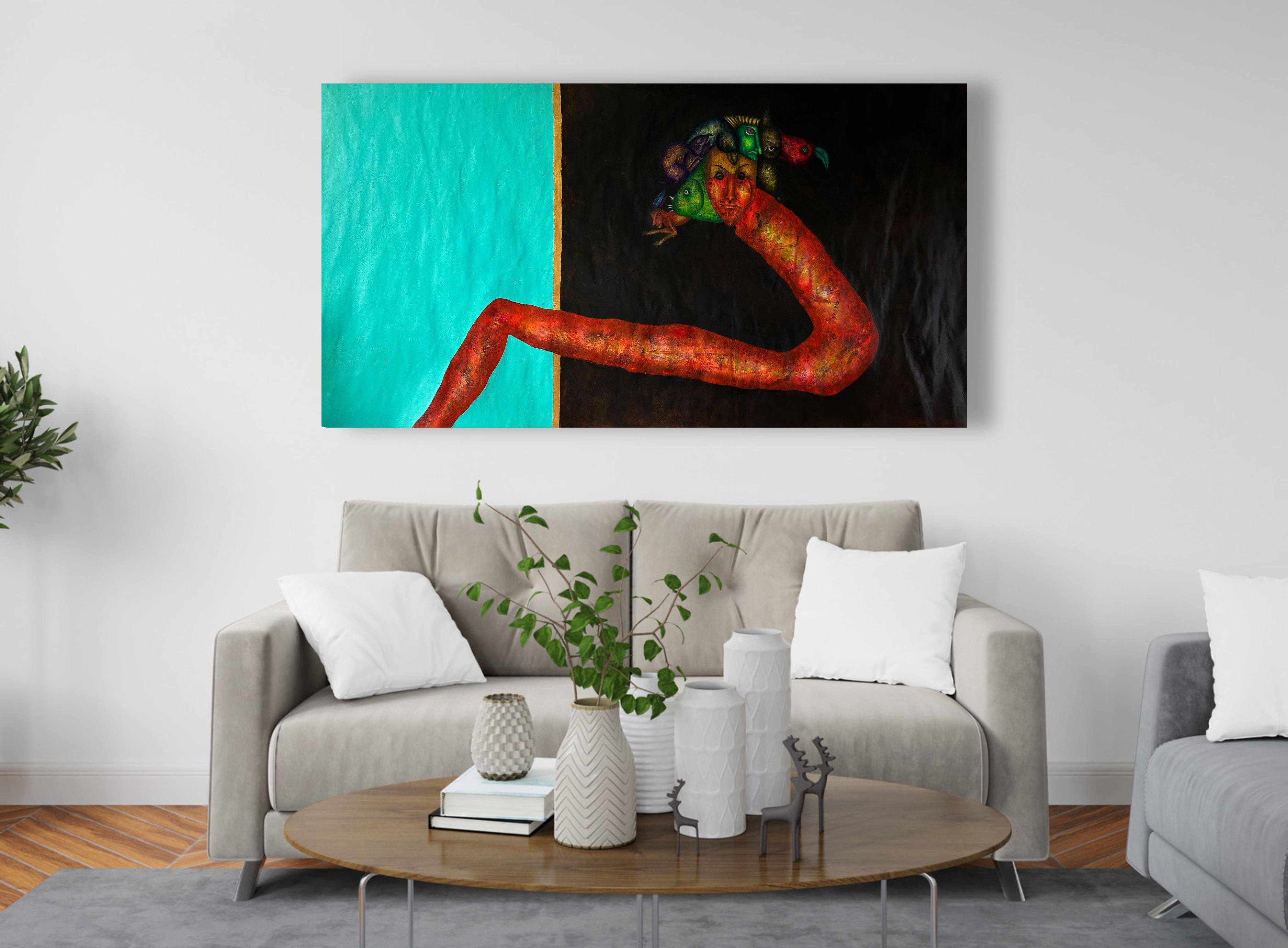 Pintura al óleo surrealista sobre lienzo en azul marino y sombras naturales. 