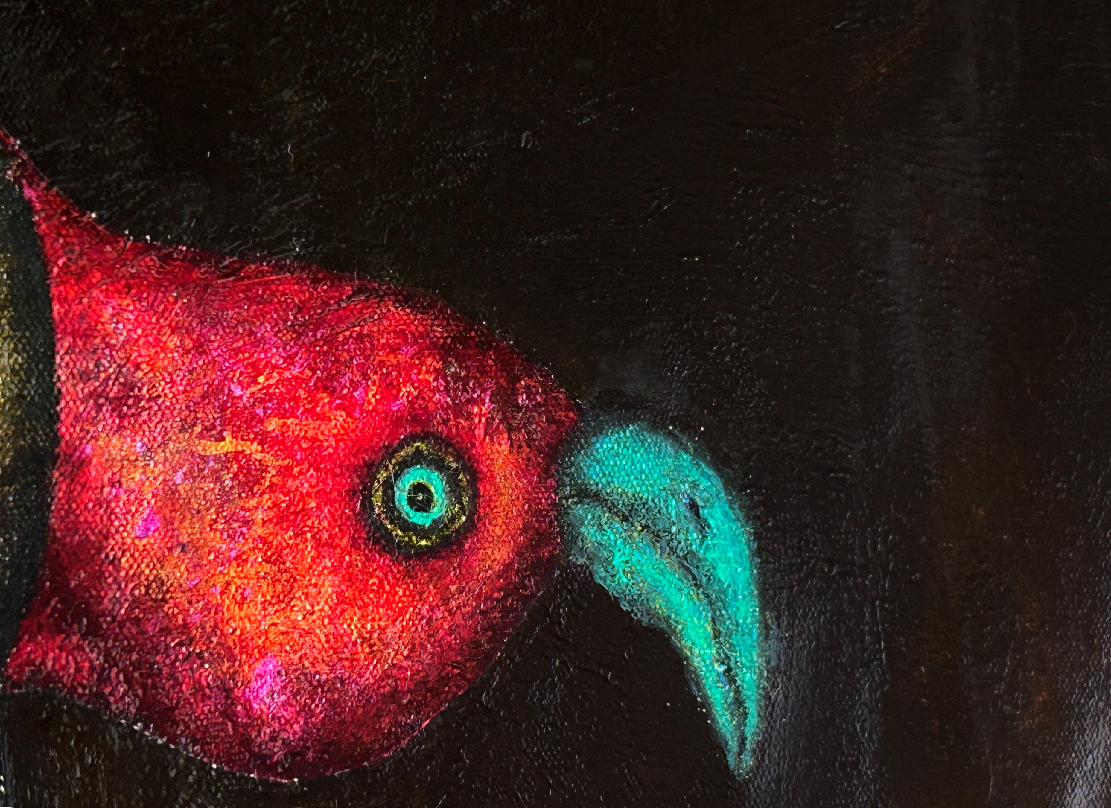 Pintura al óleo surrealista sobre lienzo en azul marino y sombras naturales. 