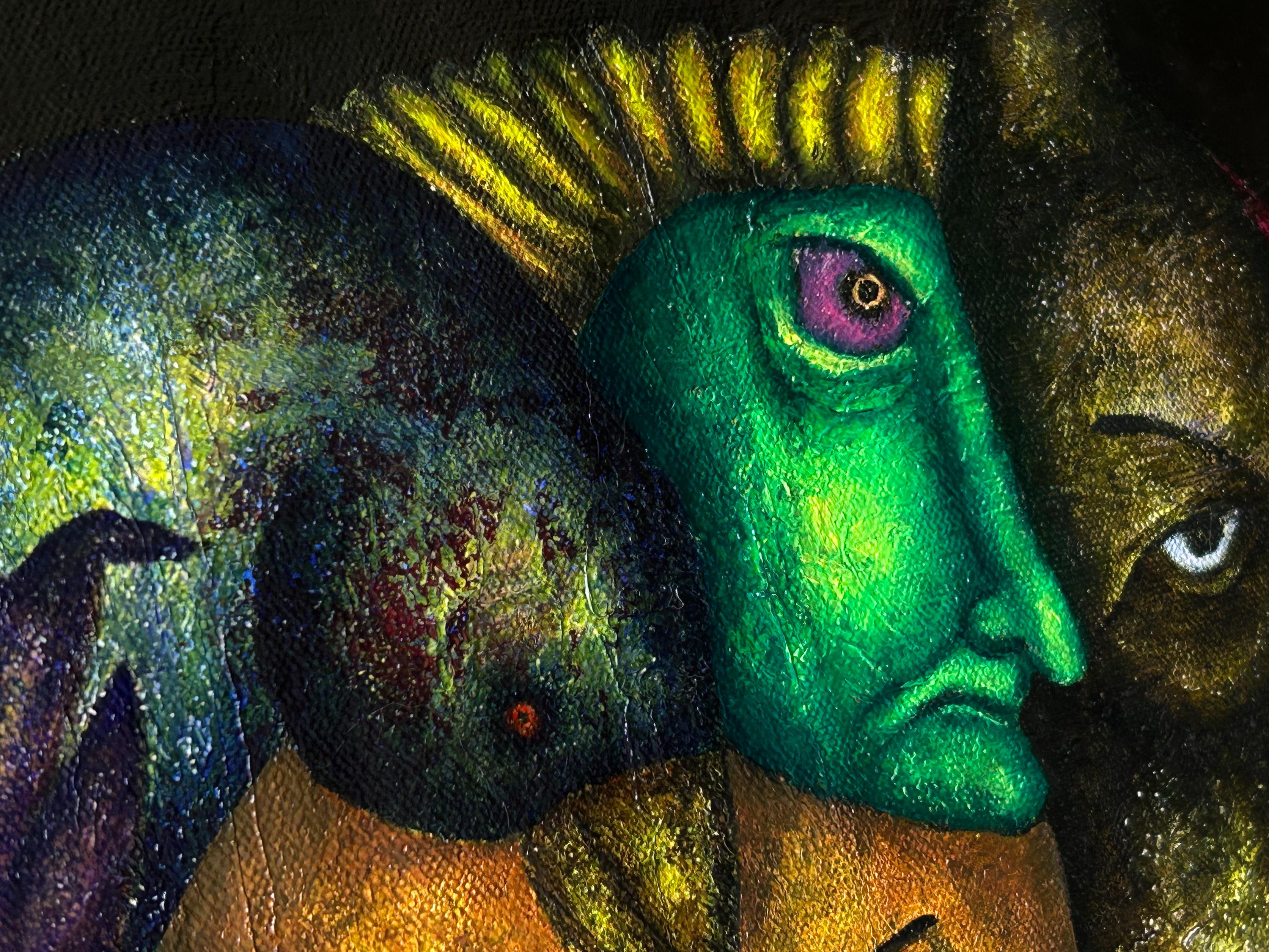 Pintura al óleo surrealista sobre lienzo en azul marino y sombras naturales. 
