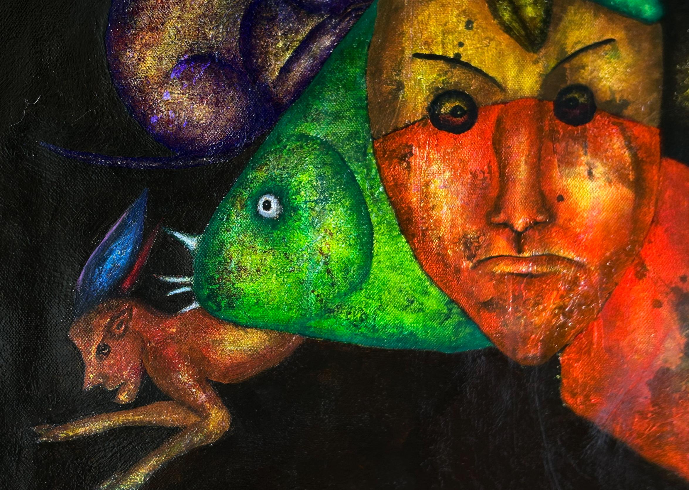 Pintura al óleo surrealista sobre lienzo en azul marino y sombras naturales. 