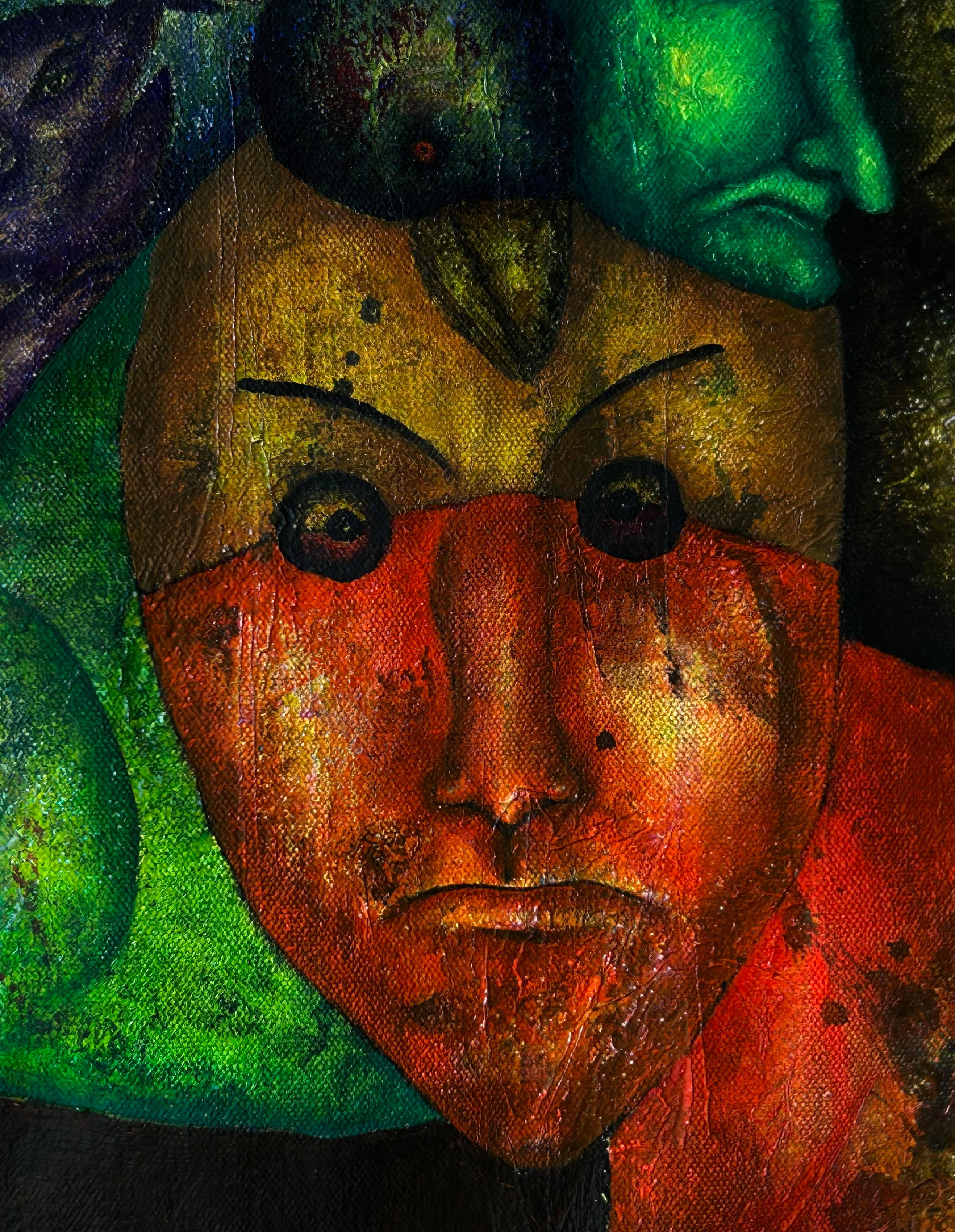 Pintura al óleo surrealista sobre lienzo en azul marino y sombras naturales. 