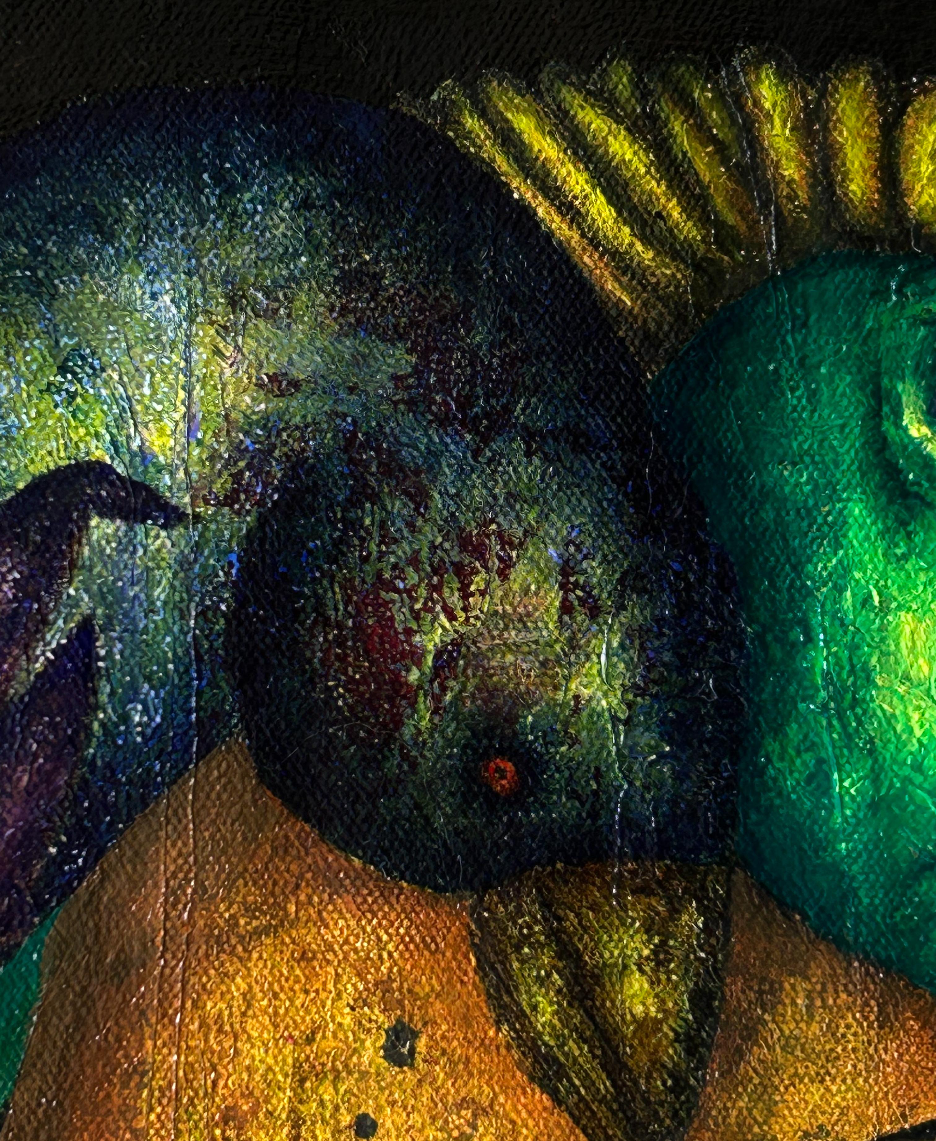 Pintura al óleo surrealista sobre lienzo en azul marino y sombras naturales. 