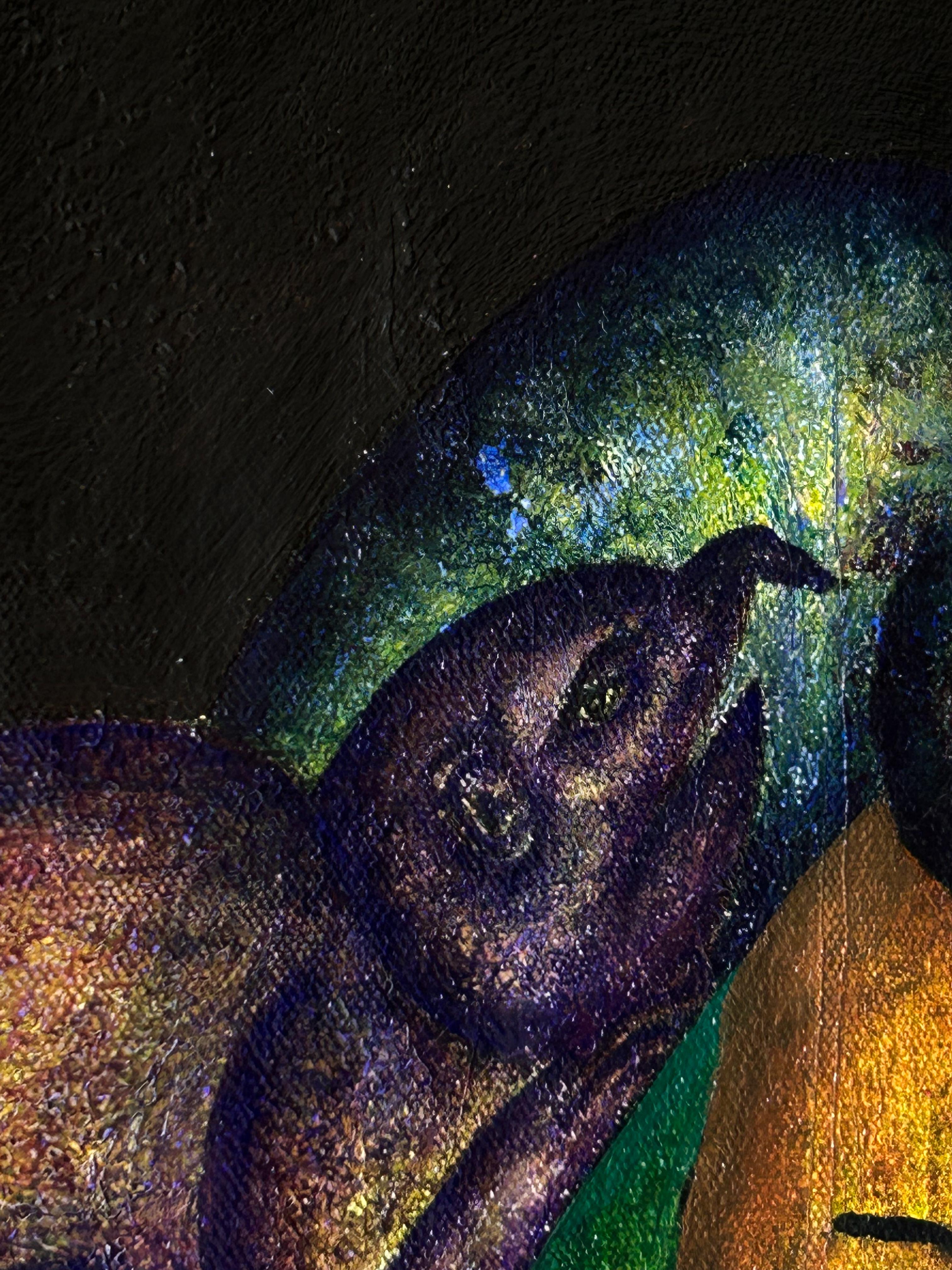 Pintura al óleo surrealista sobre lienzo en azul marino y sombras naturales. 