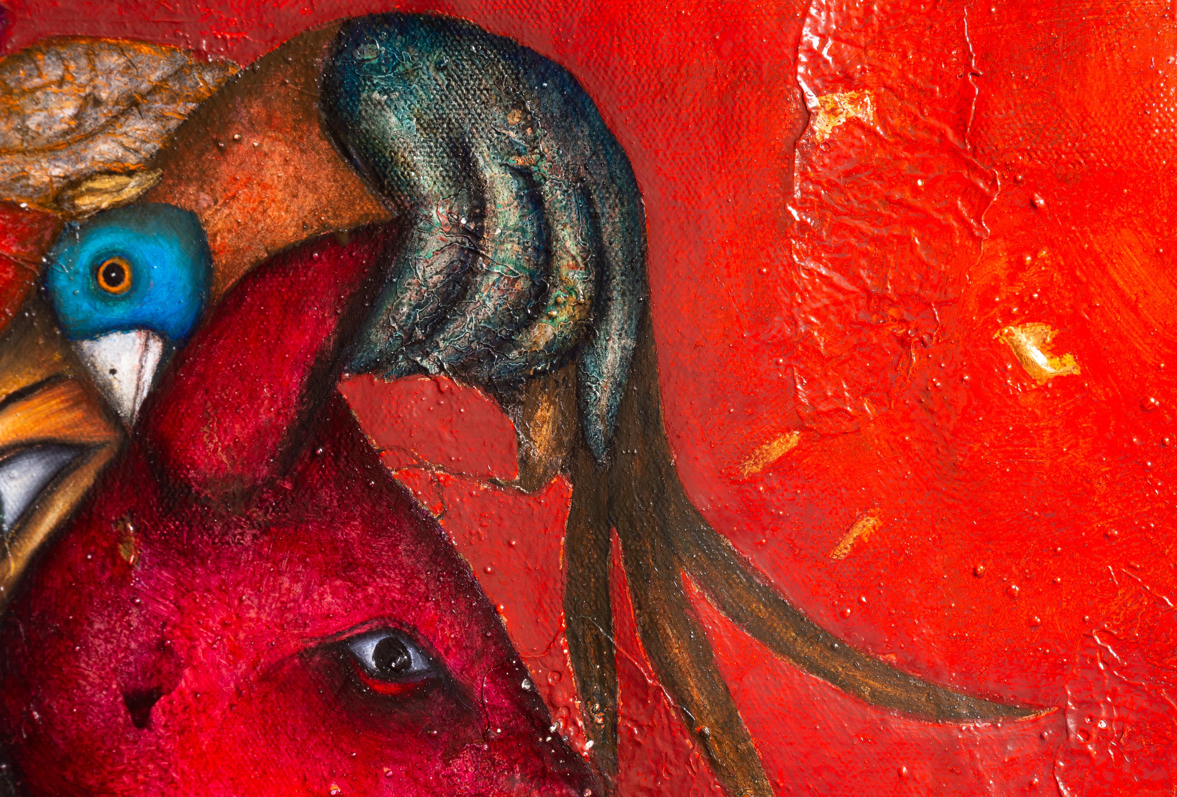 Suspension - Animal figurative magic in red. A shared dream where you and I are one with them.  Painting 24