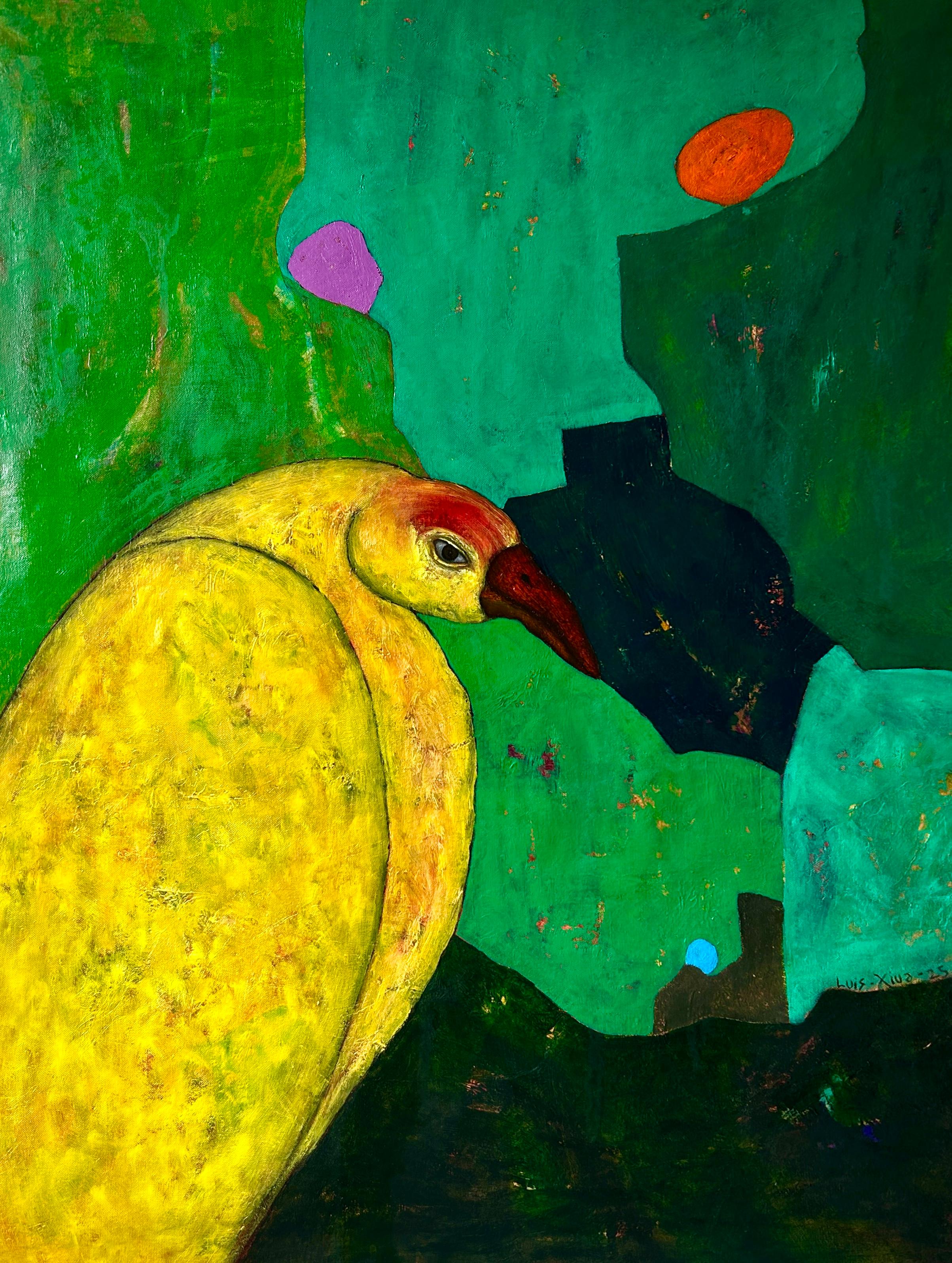 "The Bird": dipinto astratto contemporaneo a olio su tela, verde