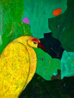 «El pájaro»: pintura al óleo abstracta contemporánea sobre lienzo, verde