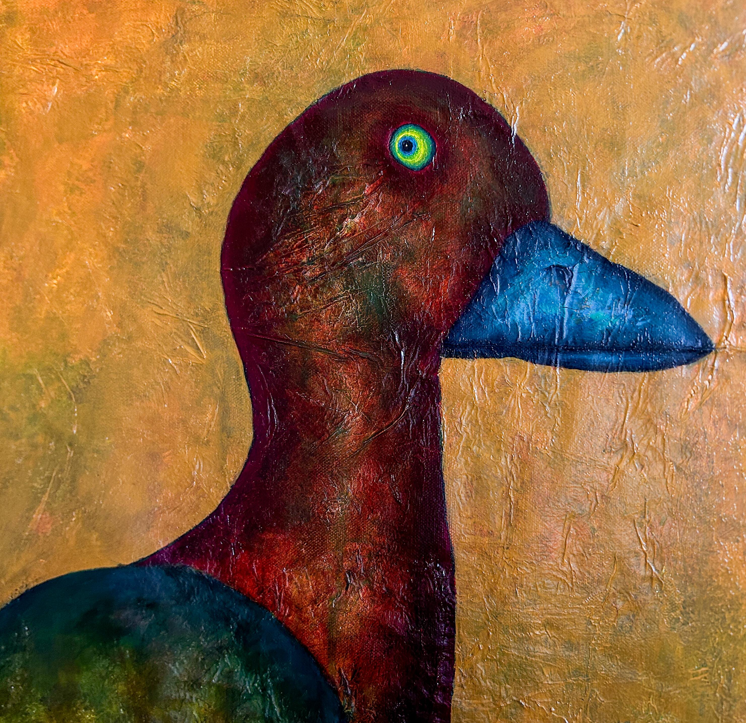 Oil painting of a fantastic bird on canvas in ochre, yellow and gold tones. This vertical textured painting is made with professional quality Rembrandt and Winsor & Newton colours using successive layers of oil and transparencies. It combines